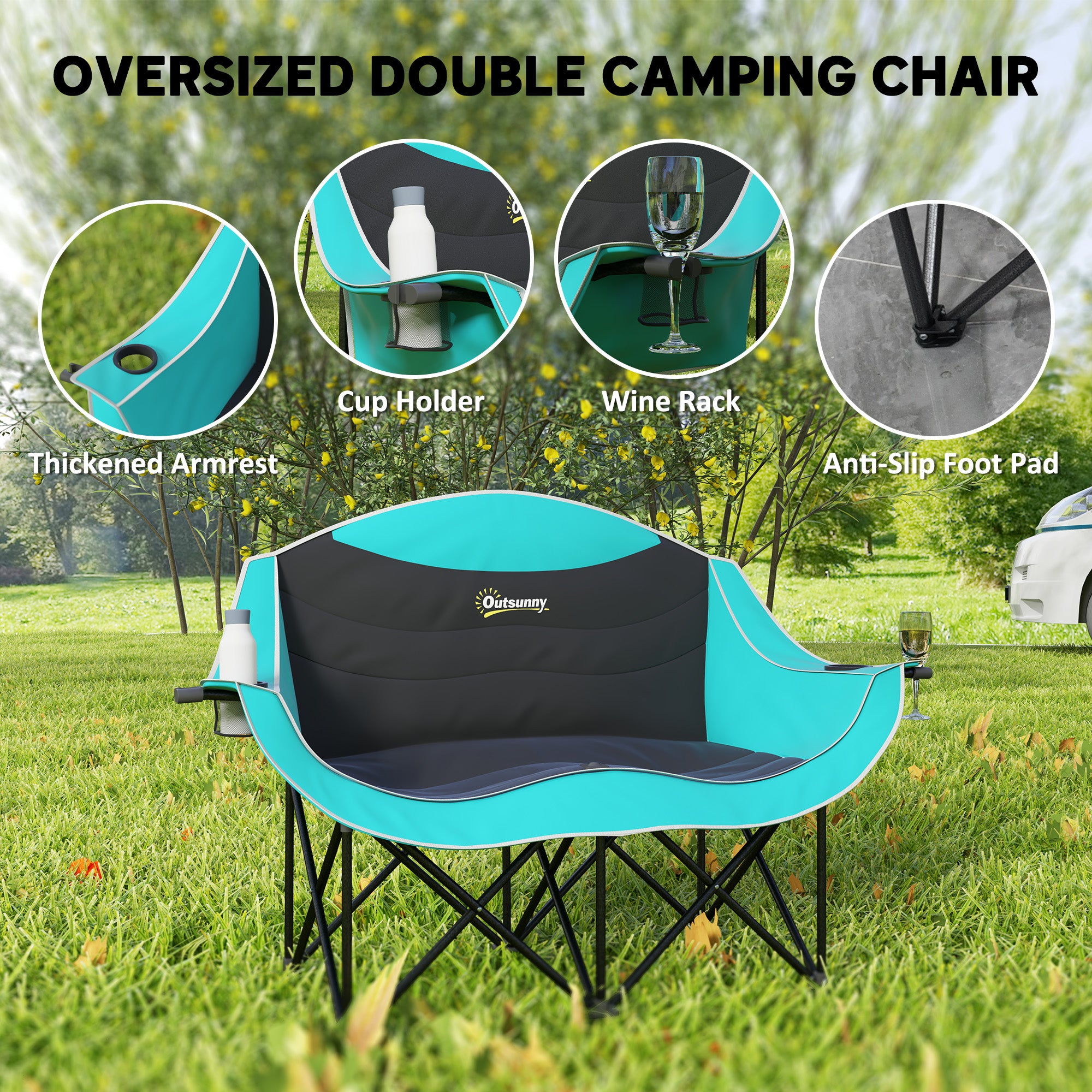 Padded Folding Camp Chair for Adults, Double Camping Chair with Armrests, Cup Holders, Carry Bag for Outdoor, Green