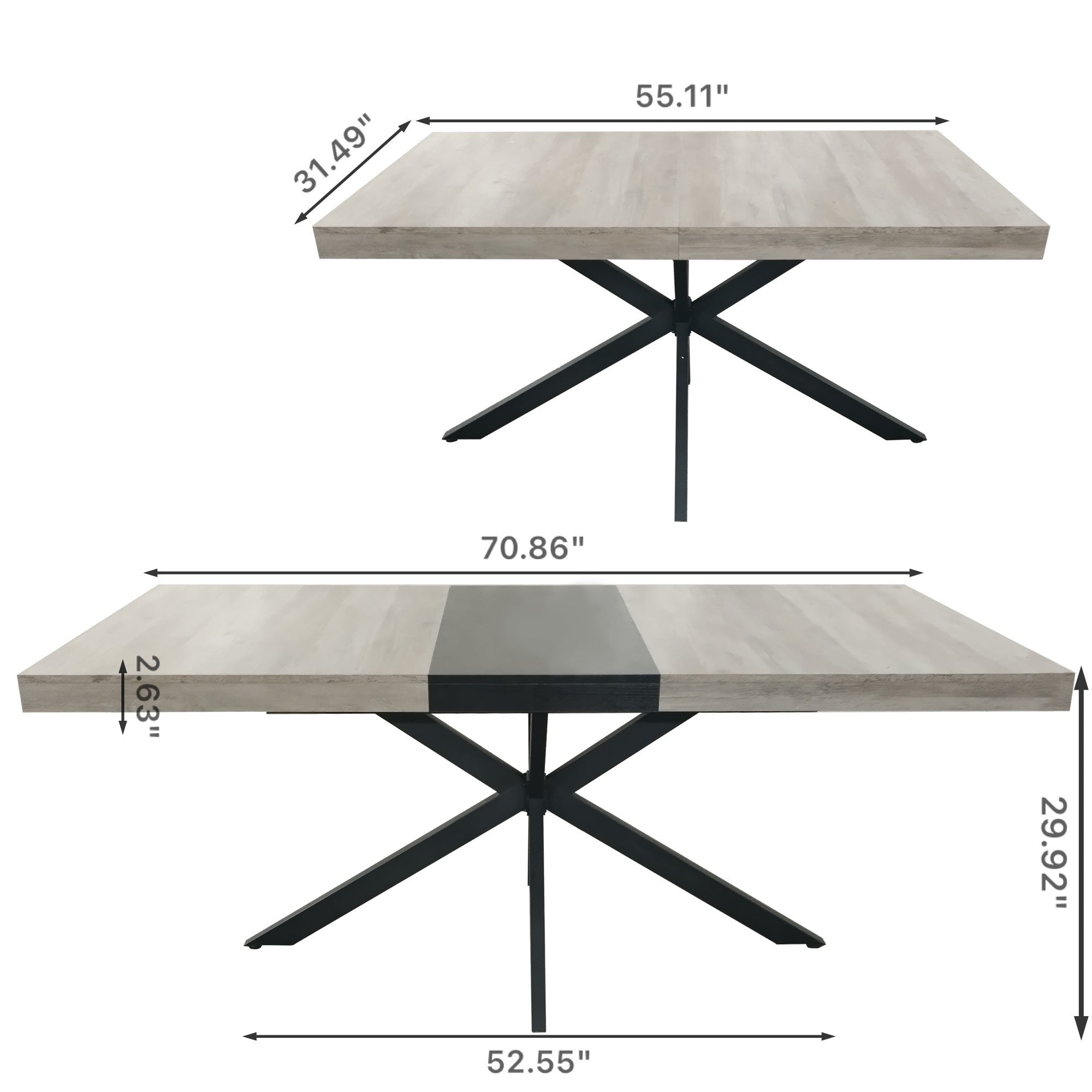 Retro Rectangular Stretch Dining Table with Storage Box, Gray Carole Top, Black Embossed Center Plate, Iron Cross Foot Base, 55.11"-70.86", Gray