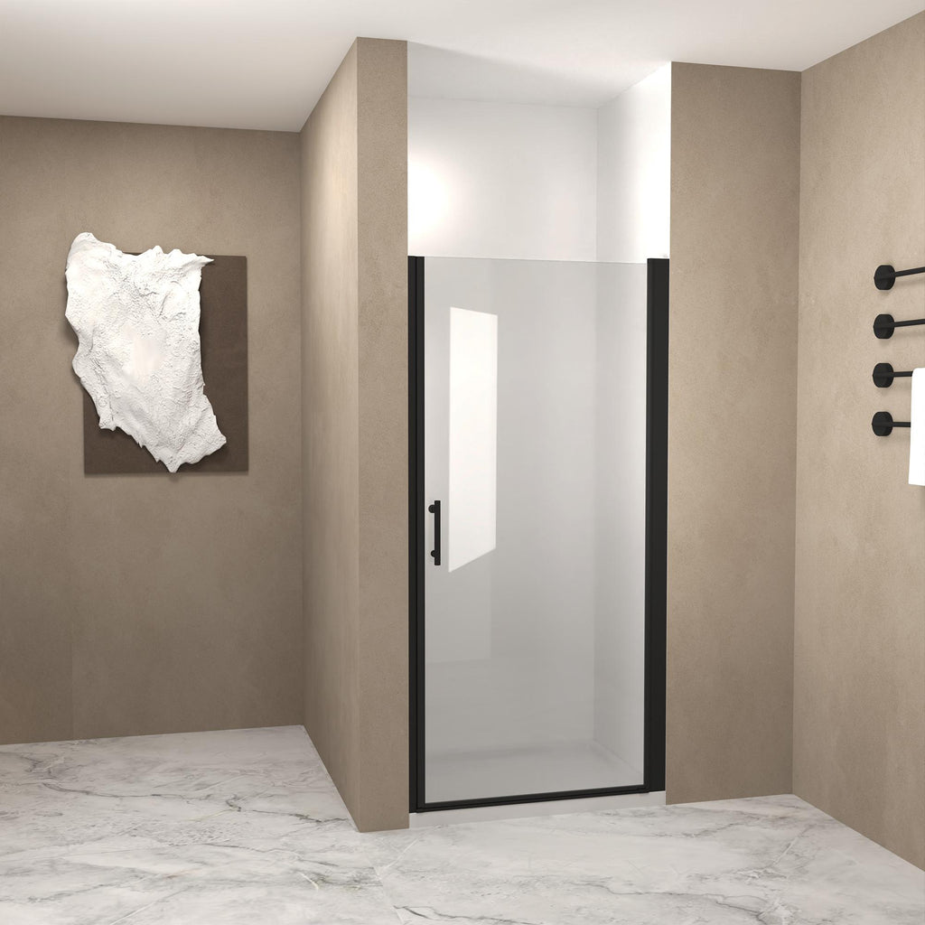 28" Pivot Shower Door with Safety Film and Raised Water-Blocking Strip, Tempered Glass with Stainless Steel Handle, 28" L x 0.5" W x 72" H, Matte Black