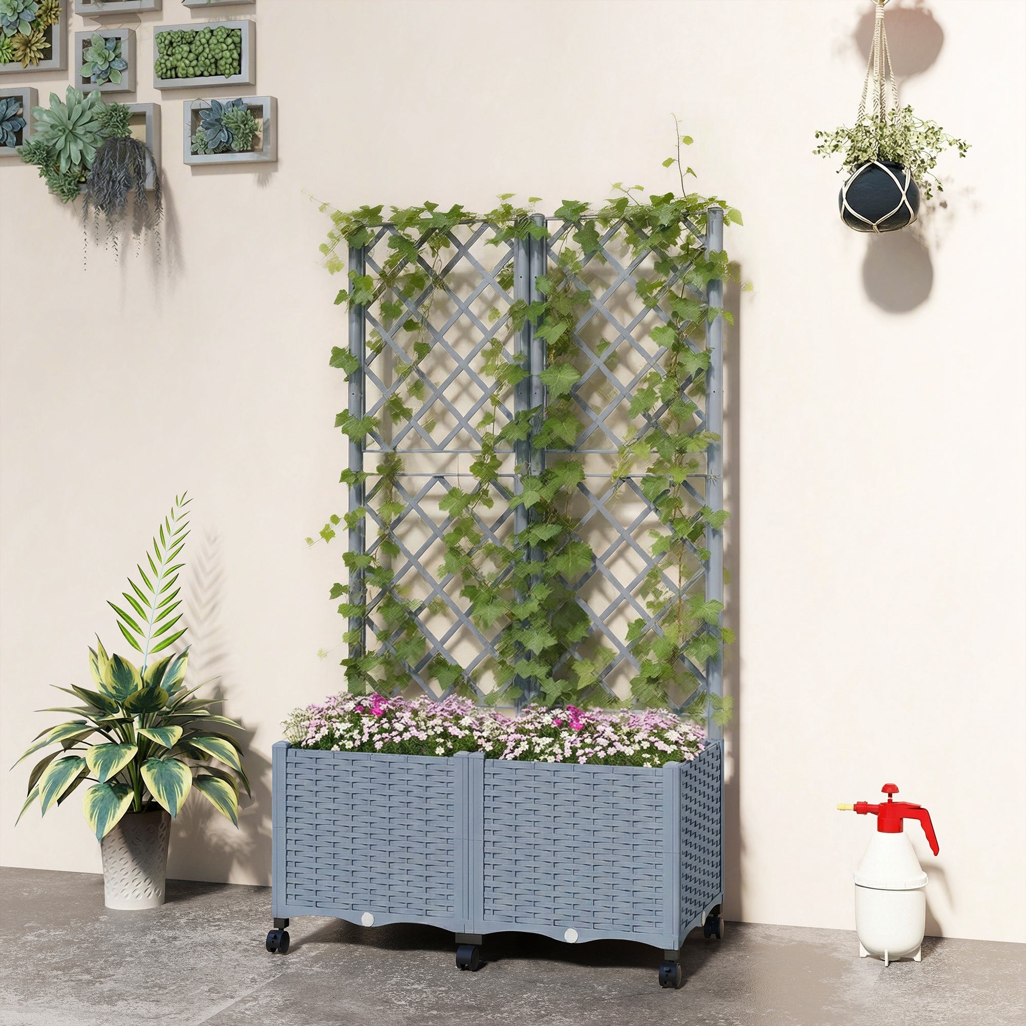 Planter Box with Trellis, Self Watering Raised Garden Bed with Lockable Wheels and Drainage Holes, Gray