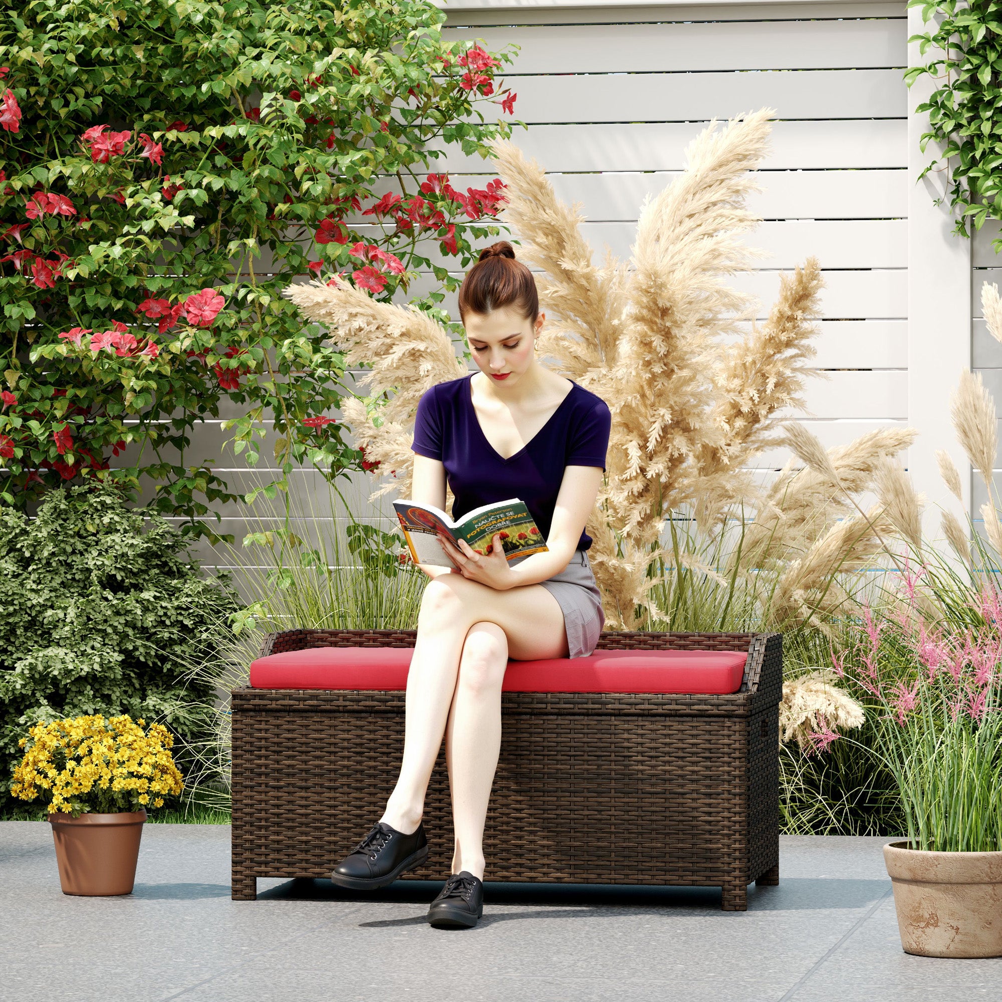 Outdoor Wicker Storage Bench with Storage & Cushion, Red