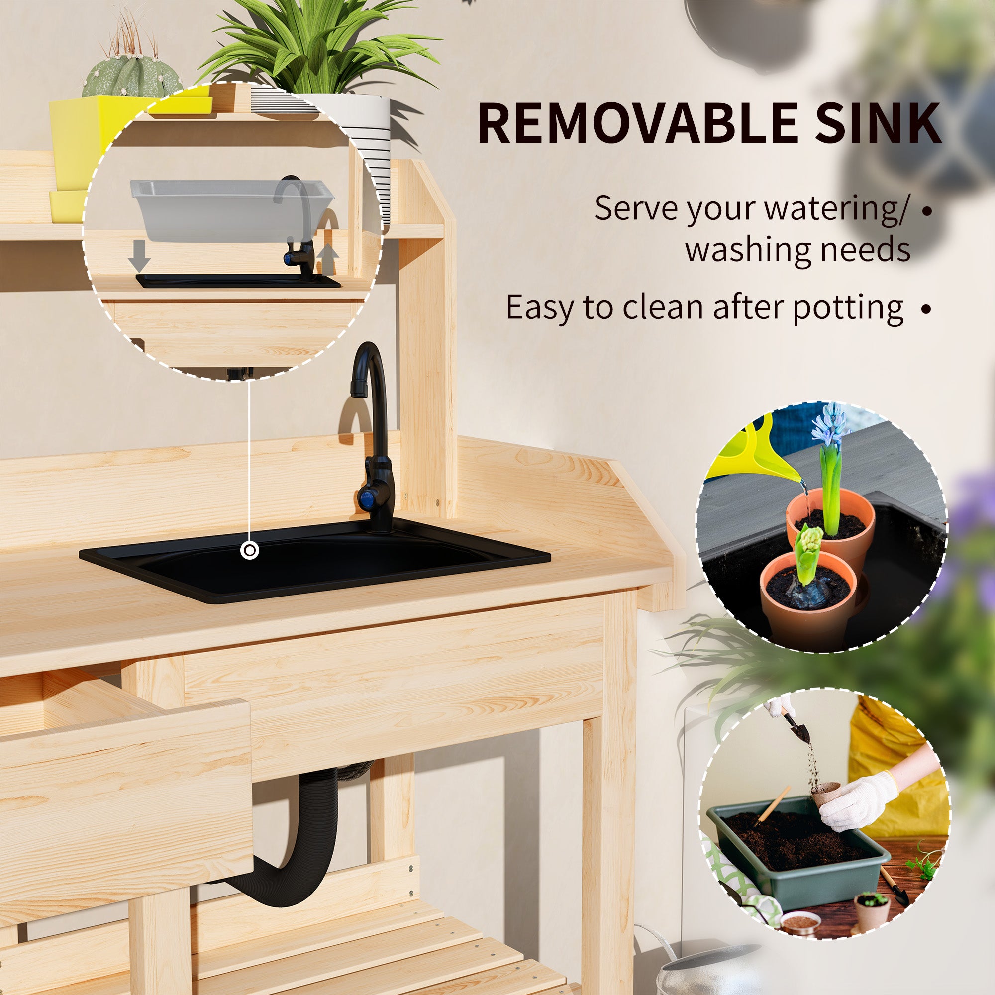 Potting Bench Table, Outdoor Garden Table Wooden Work Station with Removable Sink, Faucet, Drawer, Shelves, Hooks, Natural Wood