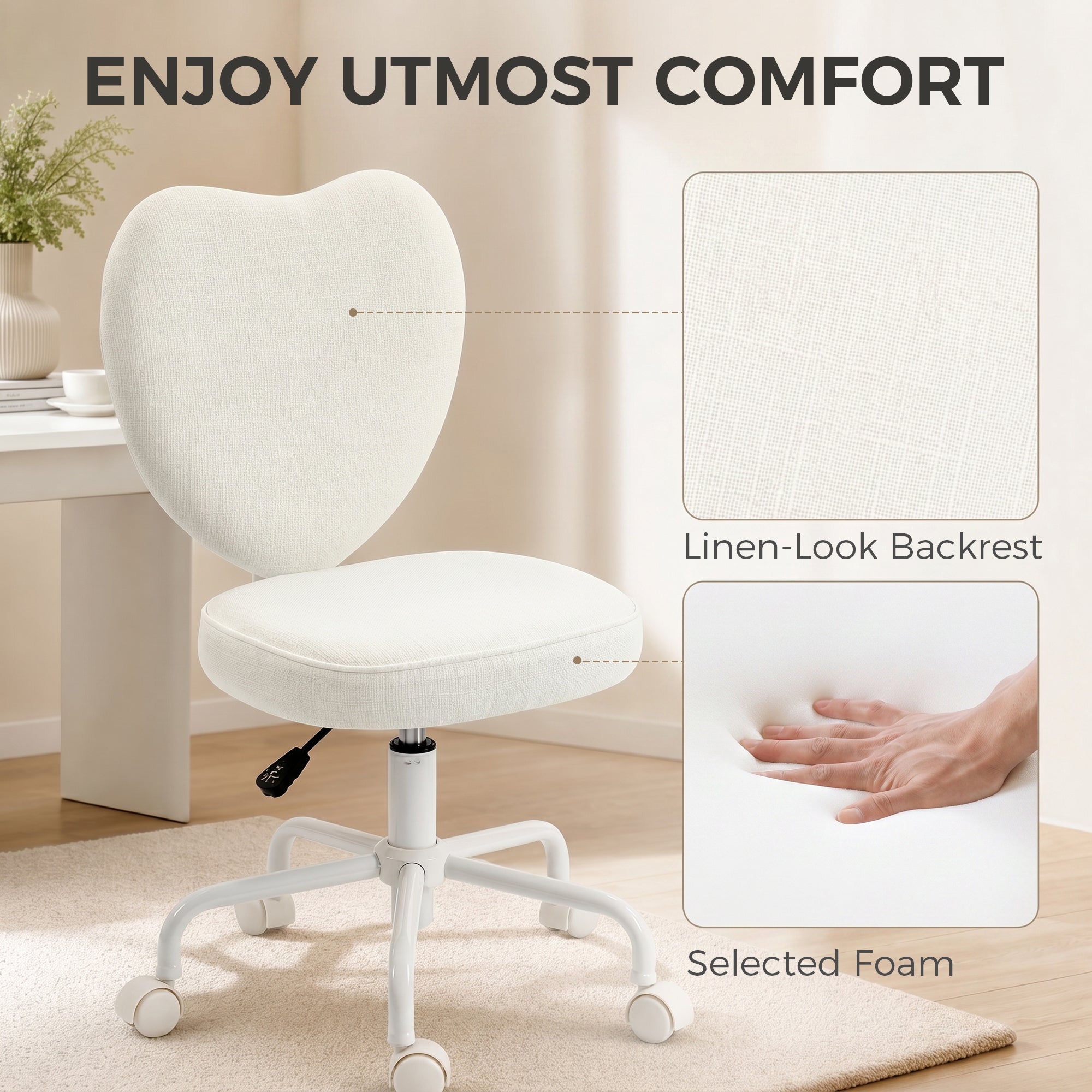 Heart Love Shaped Back Design Vanity Chair, Office Chair with Adjustable Height and 360 Swivel Castor Wheels, White