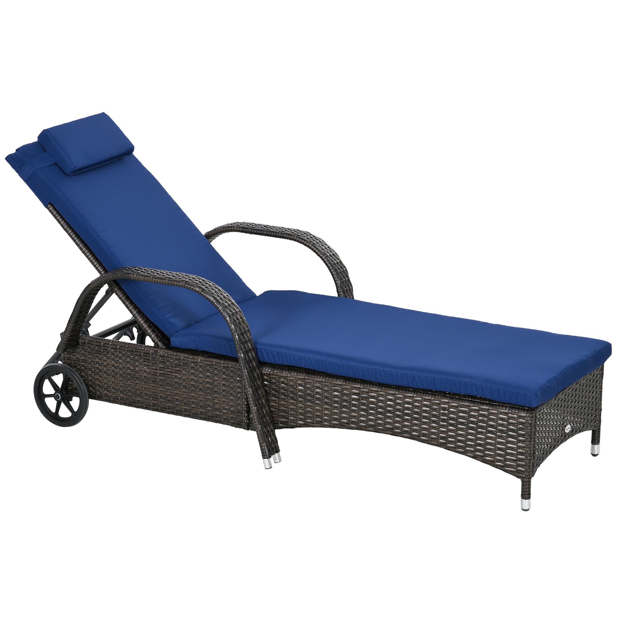 Reclining Chaise Lounge Chair, Rolling Outdoor Chair with Cushion, Pillow, Headrest, Armrests, and Wheels, Brown