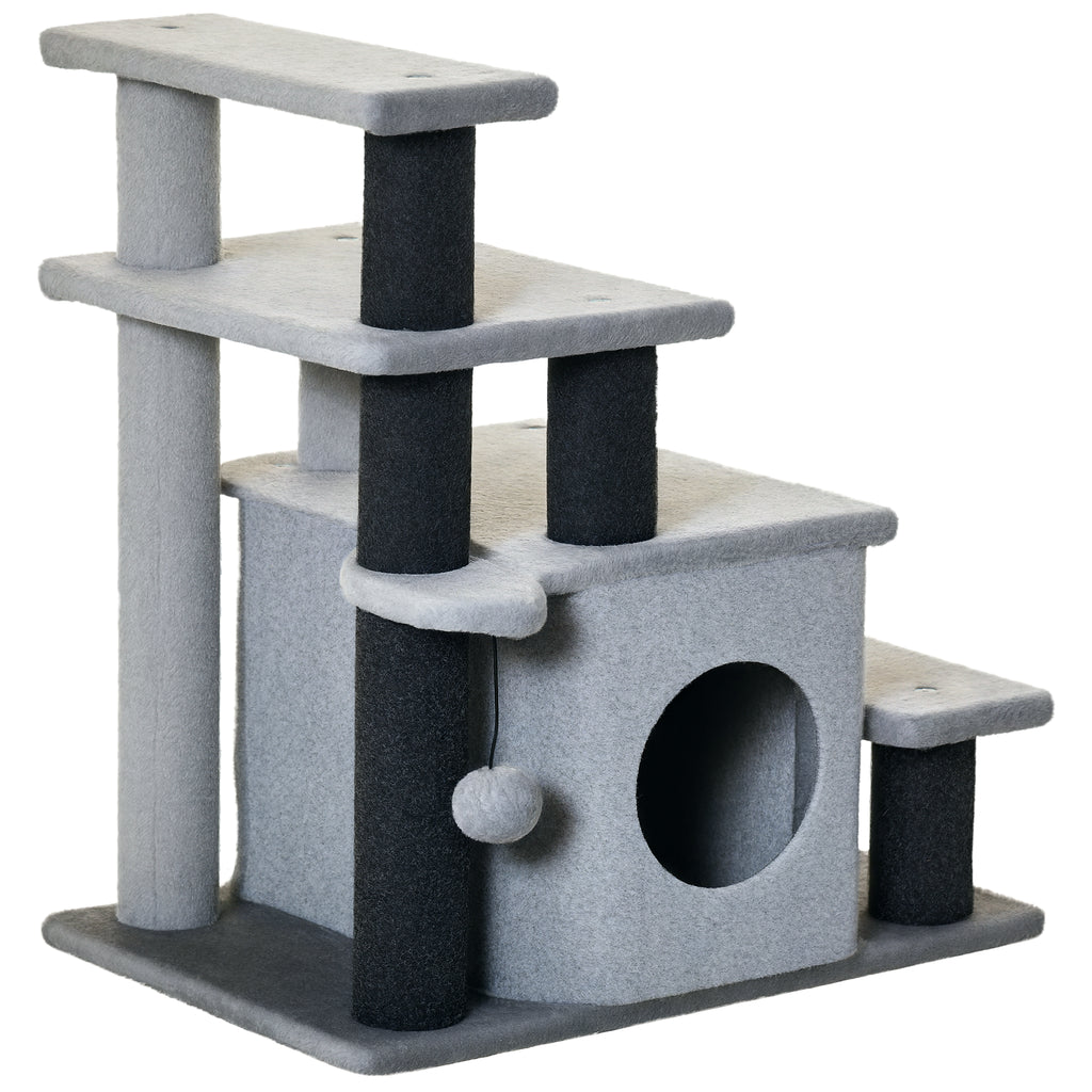 Adjustable Height 3 Step/4 Step Cat Stairs with Cat Scratching Post, Cat Condo, Toy Ball, for Bed, Sofa, Couch, Gray