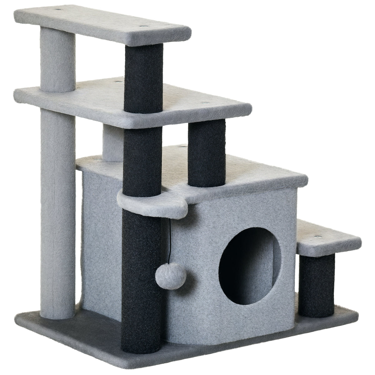 Adjustable Height 3 Step/4 Step Cat Stairs with Cat Scratching Post, Cat Condo, Toy Ball, for Bed, Sofa, Couch, Gray