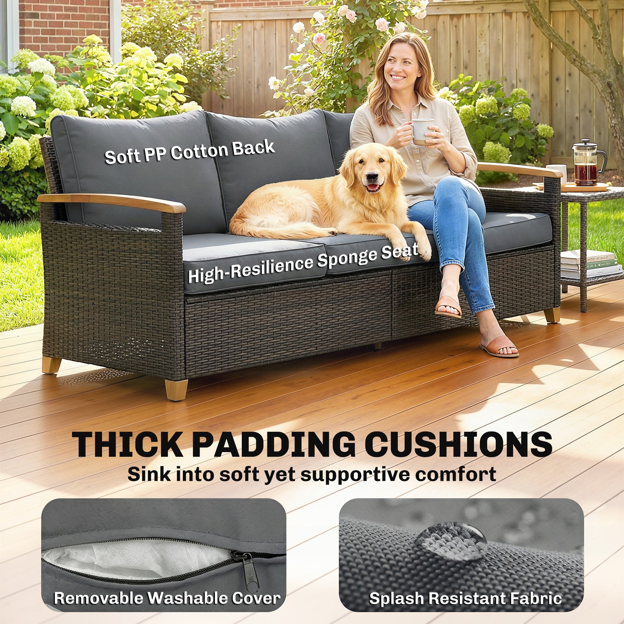 3 Seater Outdoor Couch Sofa, PE Wicker Patio Sofa, Wide Deep Seat, 4" Cushions, Wood-Effect Armrests Legs, Gray