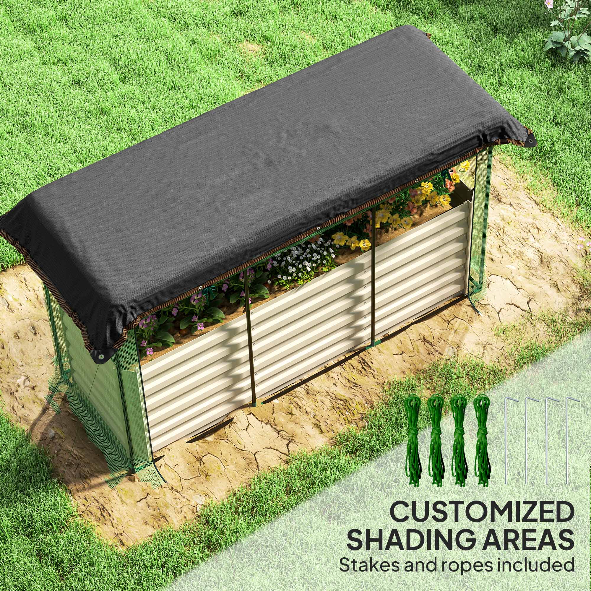 Galvanized Steel Planter Box with Crop Cage and Shade Cloth, Raised Garden Bed for Flowers, Veggies and Herbs, Beige