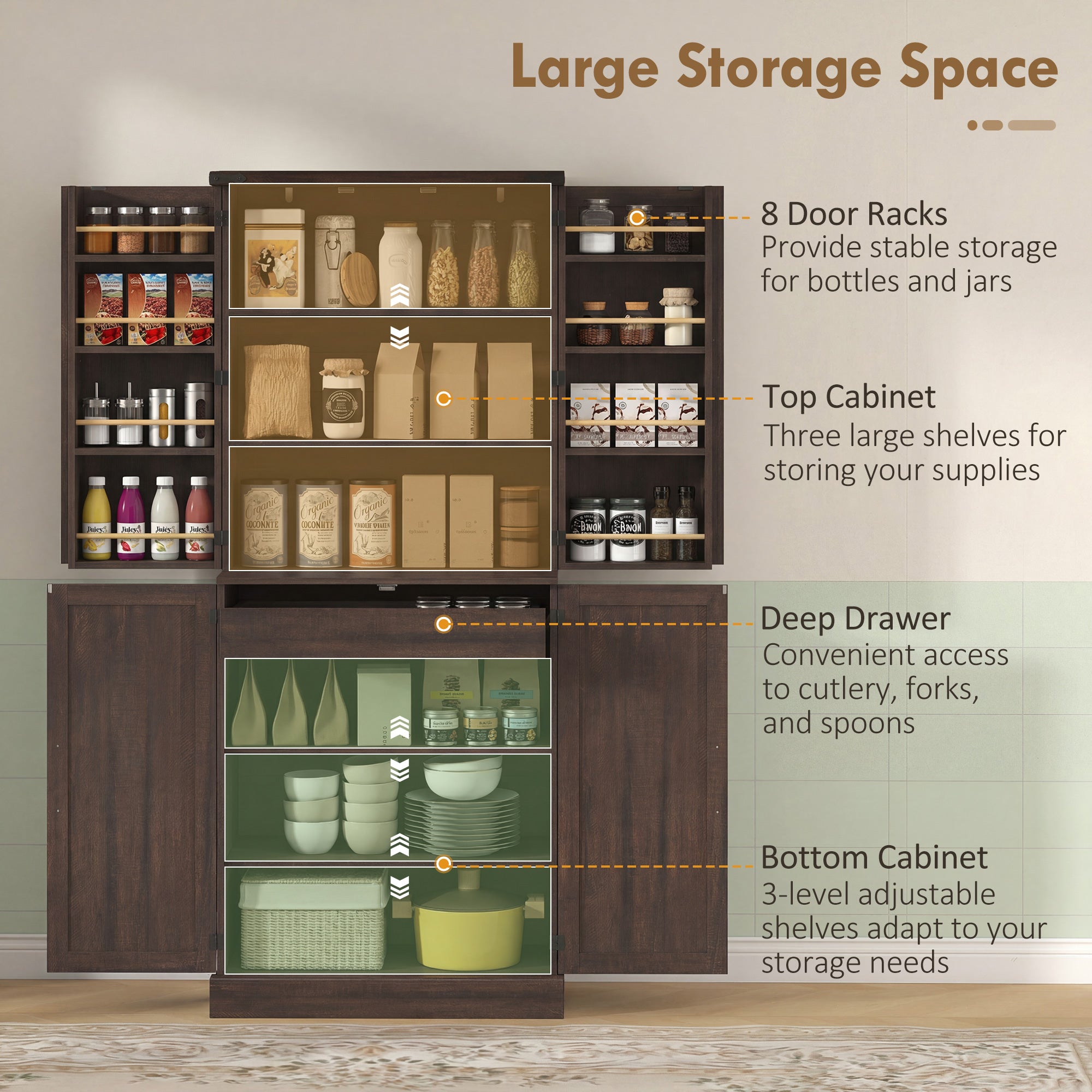 72" Tall Kitchen Pantry Cabinet, Farmhouse Storage Cabinet with 8 Door Racks and Adjustable Shelves, Brown