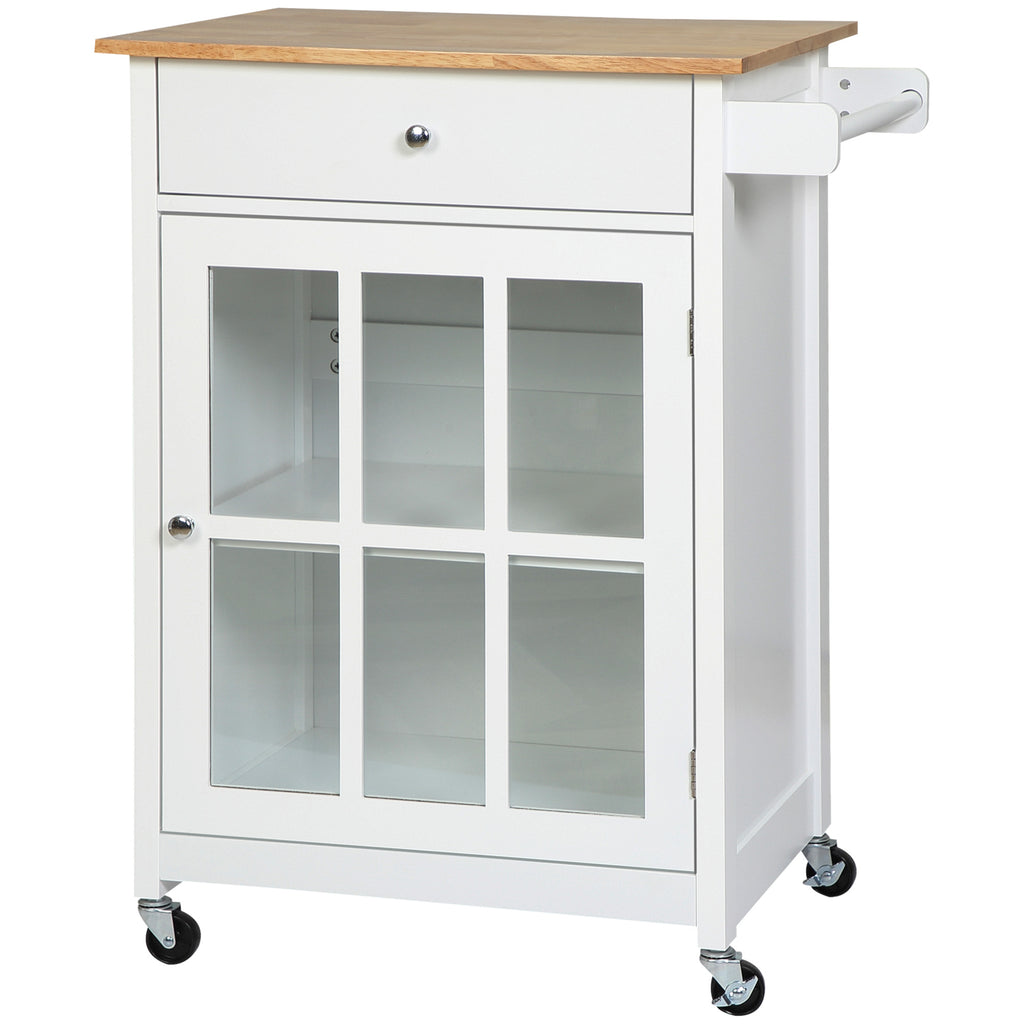 27" Rolling Kitchen Island Cart with Drawer and Glass Door Cabinet, Kitchen Trolley with Adjustable Shelf and Towel Rack, White