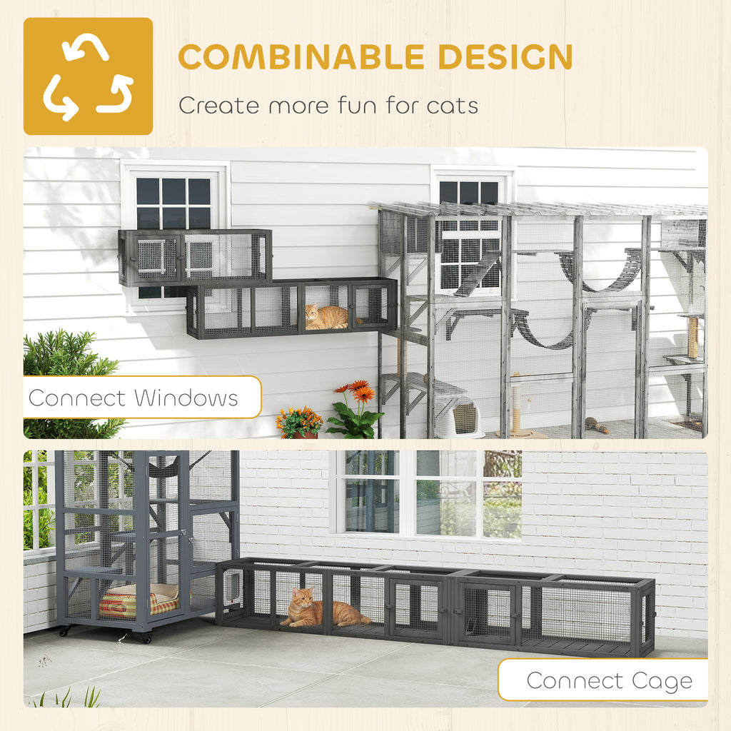 Wooden 98" Cat Tunnel for Outdoor with Combinable Design, 8 Doors, Dark Gray