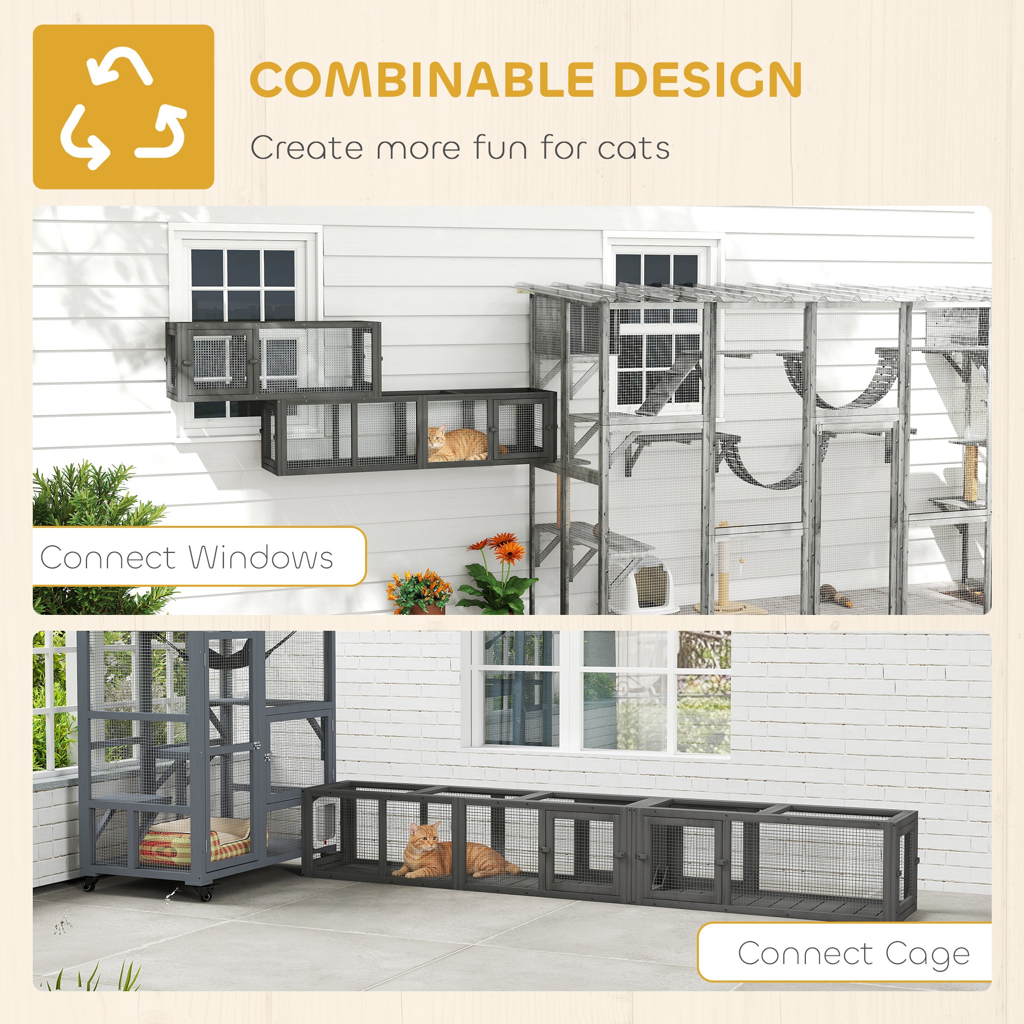Wooden 98" Cat Tunnel for Outdoor with Combinable Design, 8 Doors, Dark Gray