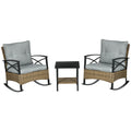 3 Piece Patio Rocking Chair Set, Outdoor Wicker Bistro Set with 2 Oversize Cushioned Porch Rockers and 2 Tier Coffee Table for Garden, Backyard, Light Gray
