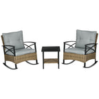 3 Piece Patio Rocking Chair Set, Outdoor Wicker Bistro Set with 2 Oversize Cushioned Porch Rockers and 2 Tier Coffee Table for Garden, Backyard, Light Gray