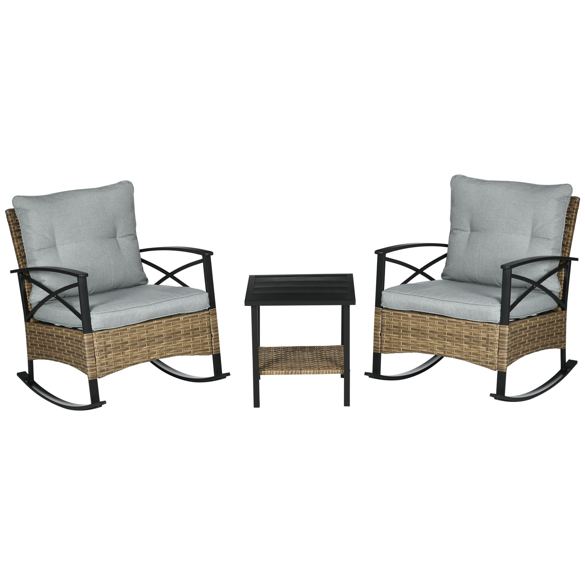 3 Piece Patio Rocking Chair Set, Outdoor Wicker Bistro Set with 2 Oversize Cushioned Porch Rockers and 2 Tier Coffee Table for Garden, Backyard, Light Gray