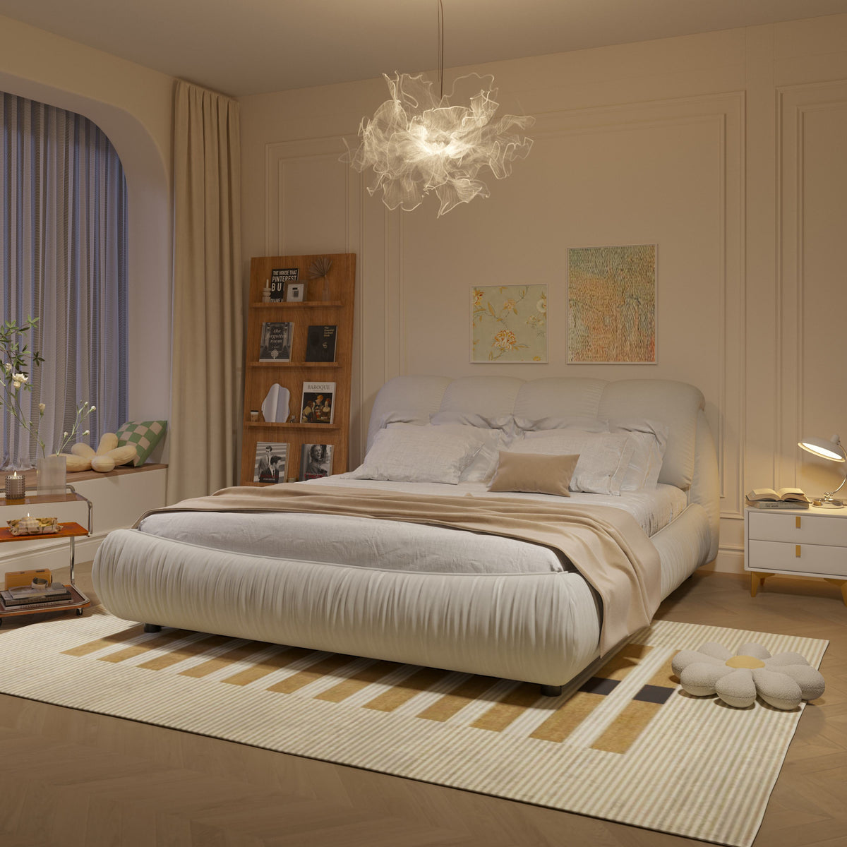 King Size Upholstered Bed with Oversized Padded Backrest, Solid Wood Frame, Adjustable Mattress Heights, 96.5" L x 86" W x 43.5" H, Beige