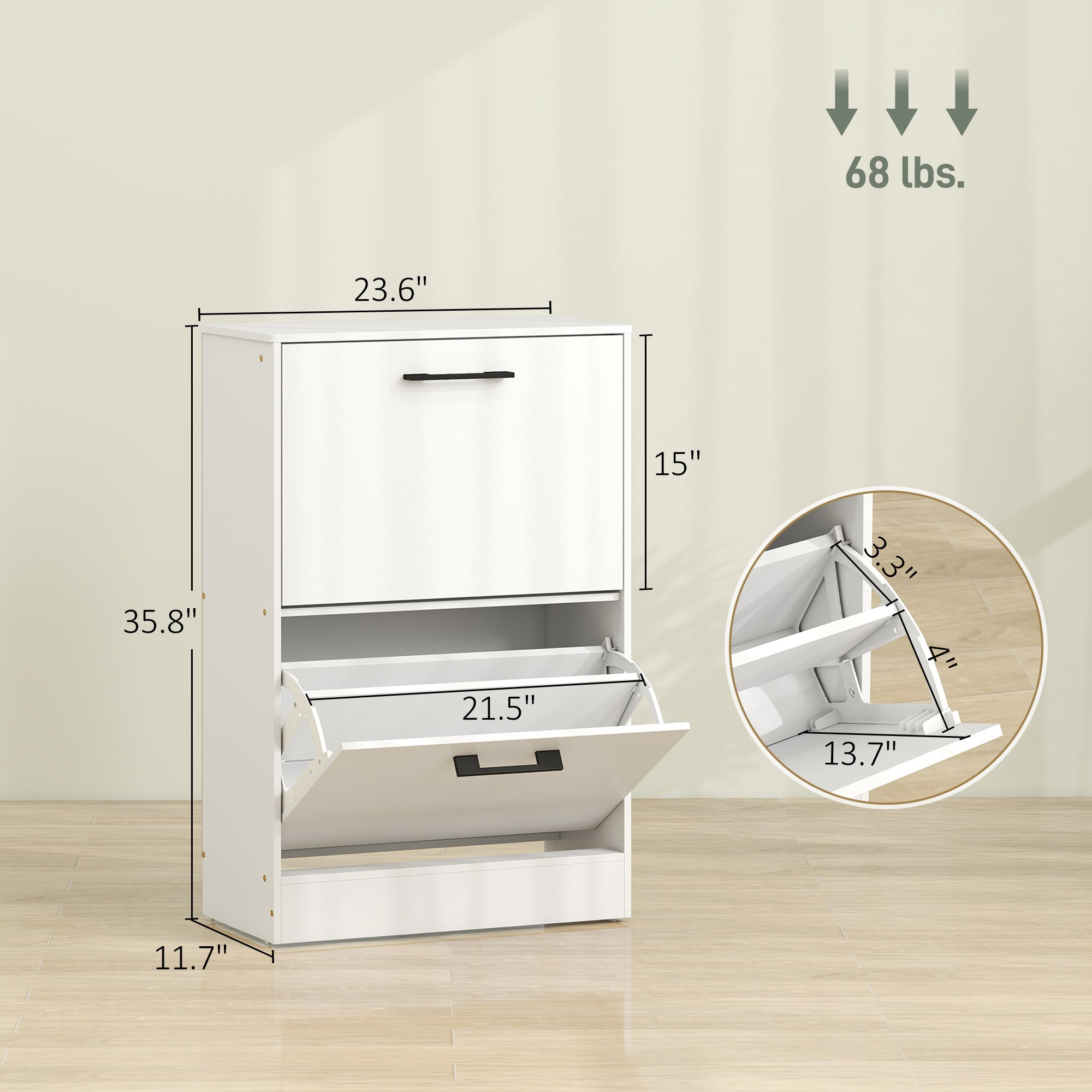 Shoe Cabinet 2 Flip Drawers Narrow Shoe Storage Unit Adjustable Dividers Entryway Hallway White