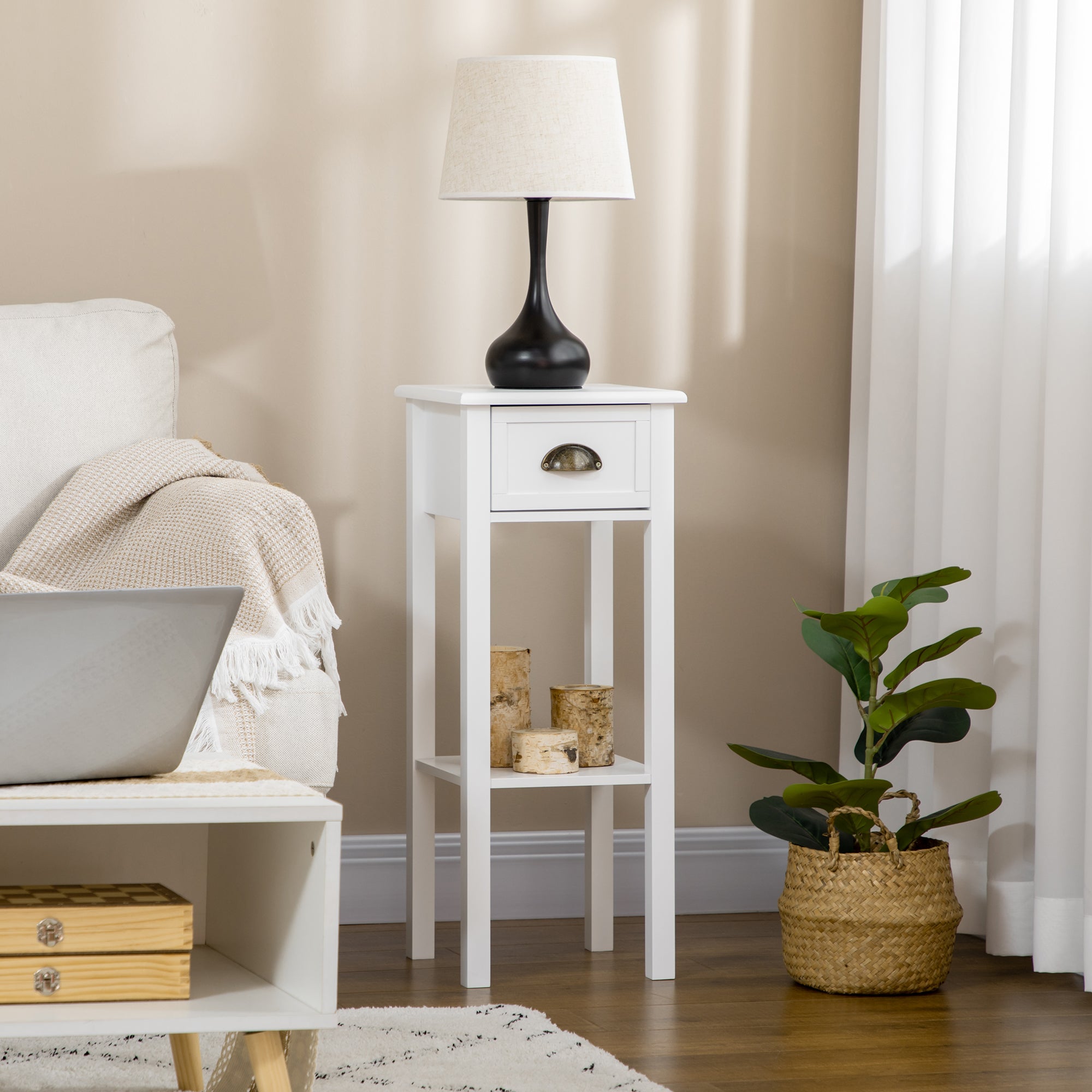 2-Tier Nightstand, Side Table with Drawer and Shelf for Living Room or Bedroom, Set of 2, White