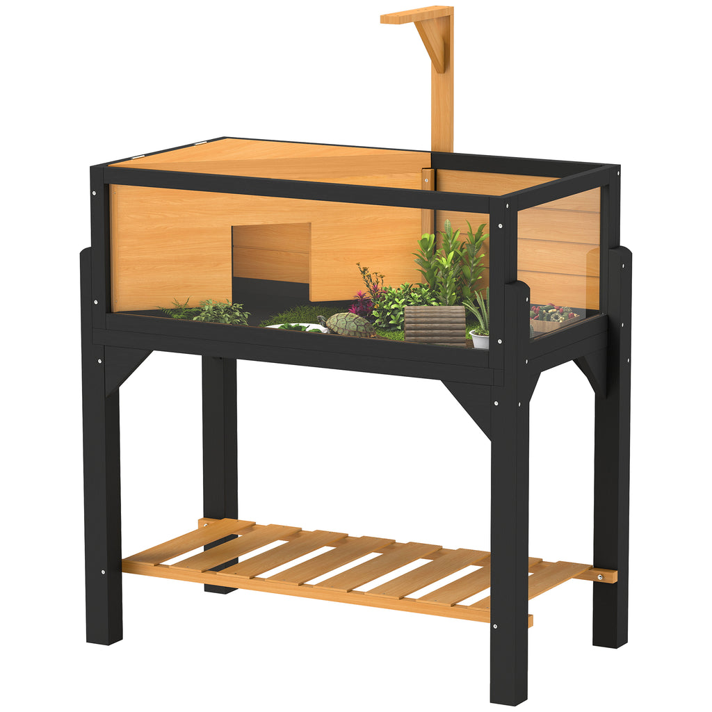 Wooden Tortoise Habitat with Storage Shelf, Tortoise Enclosure with Clear Windows, Openable Top, Lamp Holder, Yellow