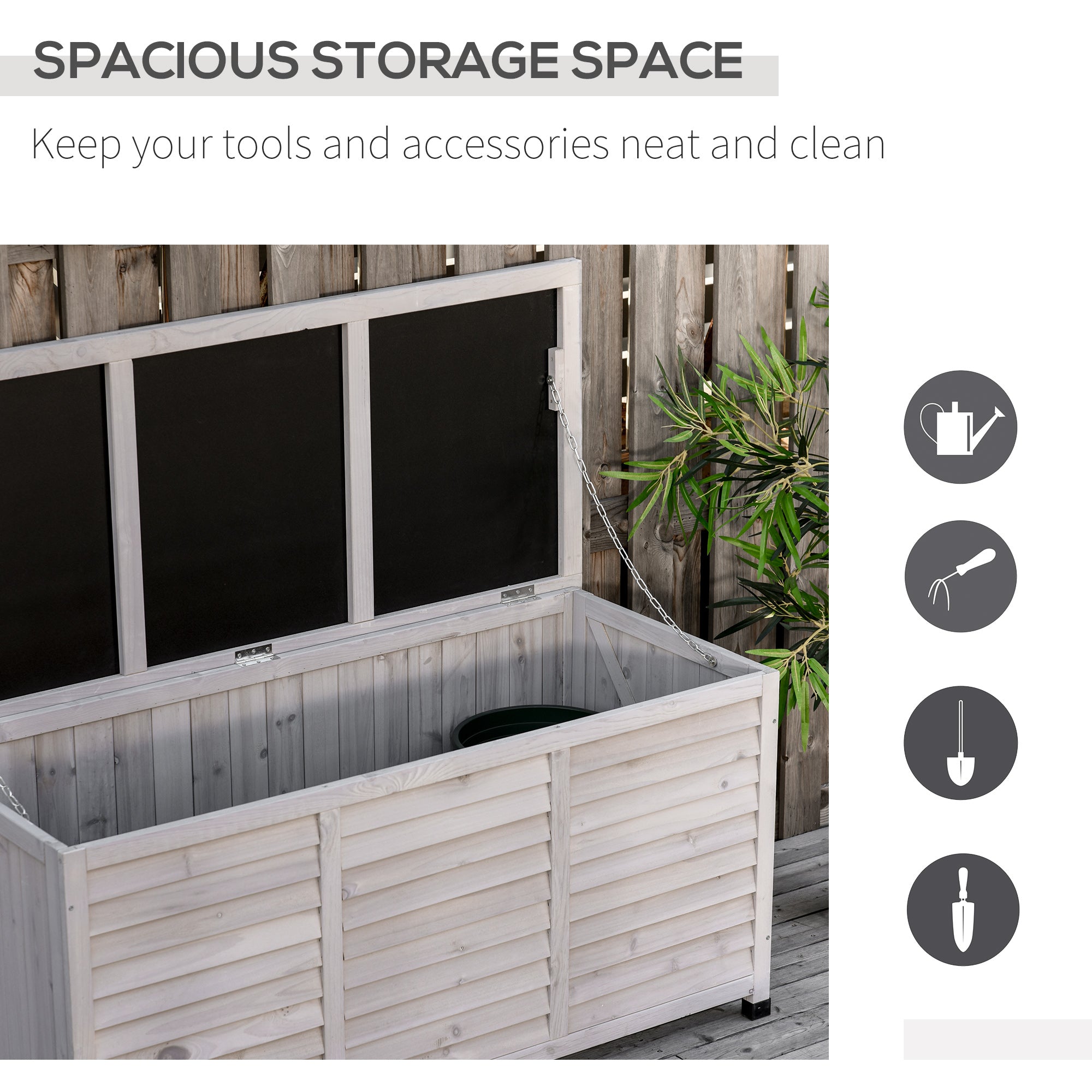 75 Gallon Wooden Deck Box, Outdoor Storage Container with Aerating Gap & Weather-Fighting Finish, Grey