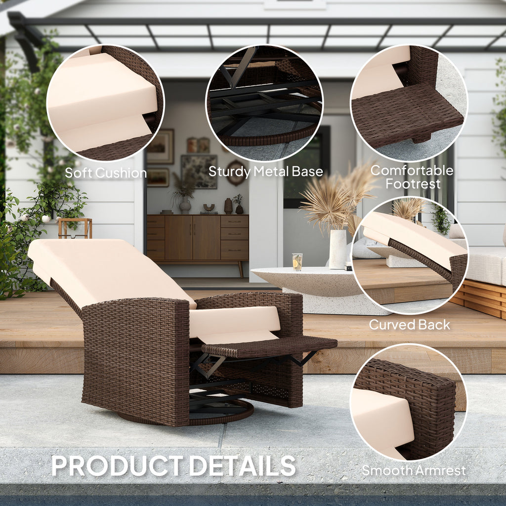 Outdoor Wicker Swivel Recliner Chair, Lifting Footrest, 360° Rotating Basic, Water-resistant Cushions, Cream White