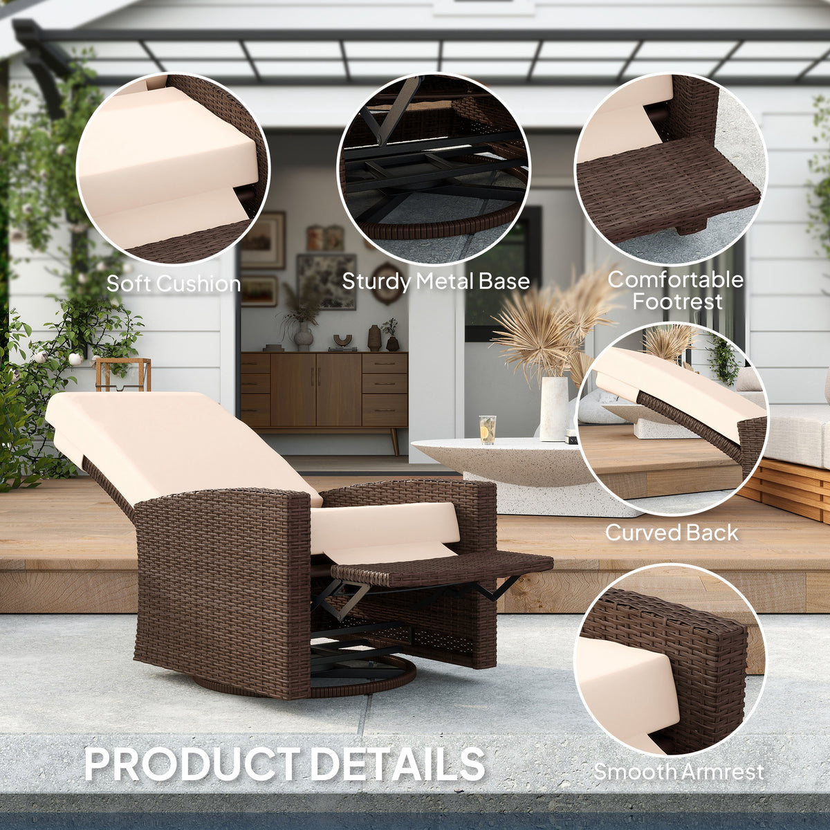 Outdoor Wicker Swivel Recliner Chair, Lifting Footrest, 360° Rotating Basic, Water-resistant Cushions, Cream White