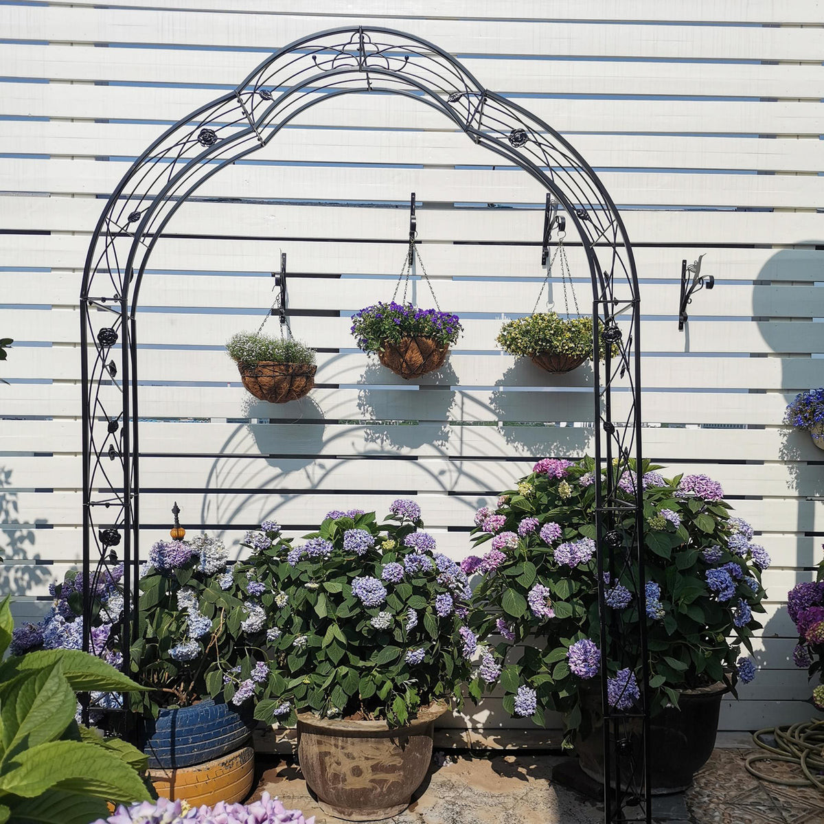 8 Styles Freely Assembled Arch Trellis with Gothic Spire Design, Metal Garden Arbor for Climbing Plants, 59" L x 15.5" W x 98.5" H, Black