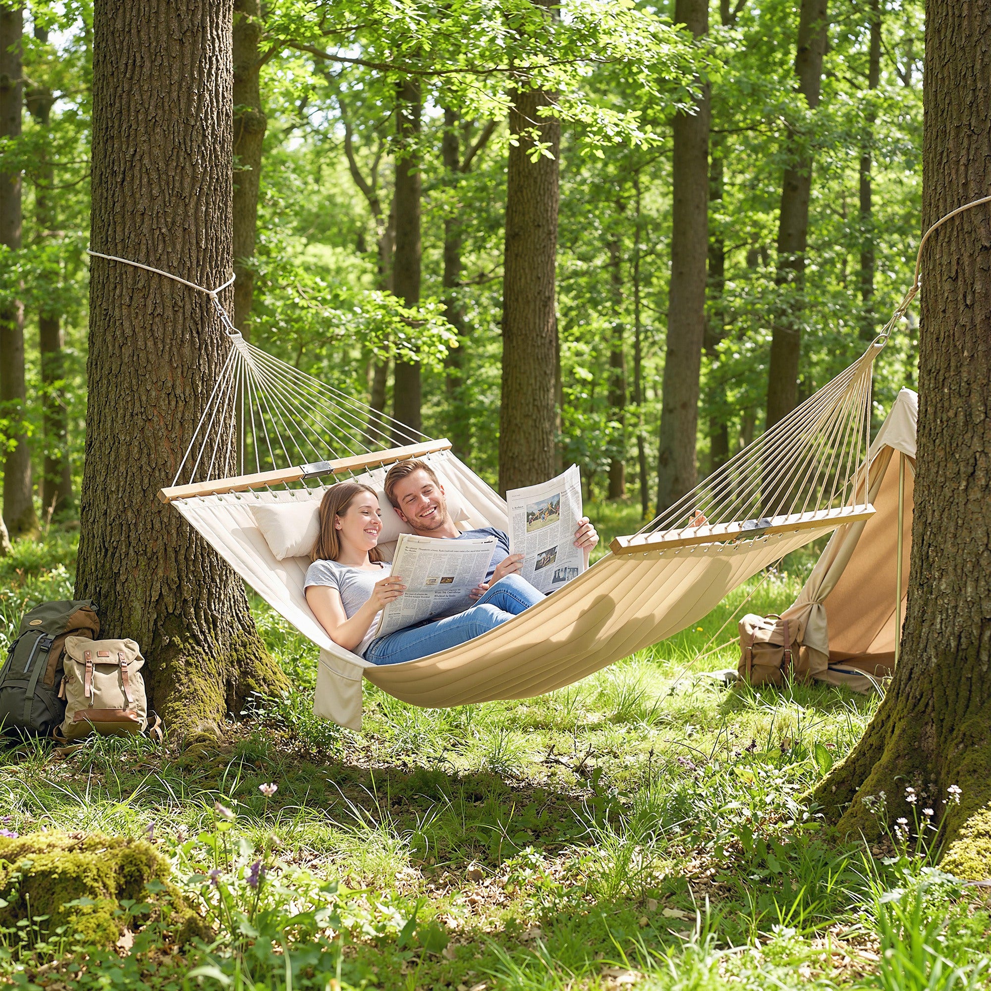 Outdoor Hammock 2-Person, with Pillow & Pad, 440 lbs Capacity, Cream White