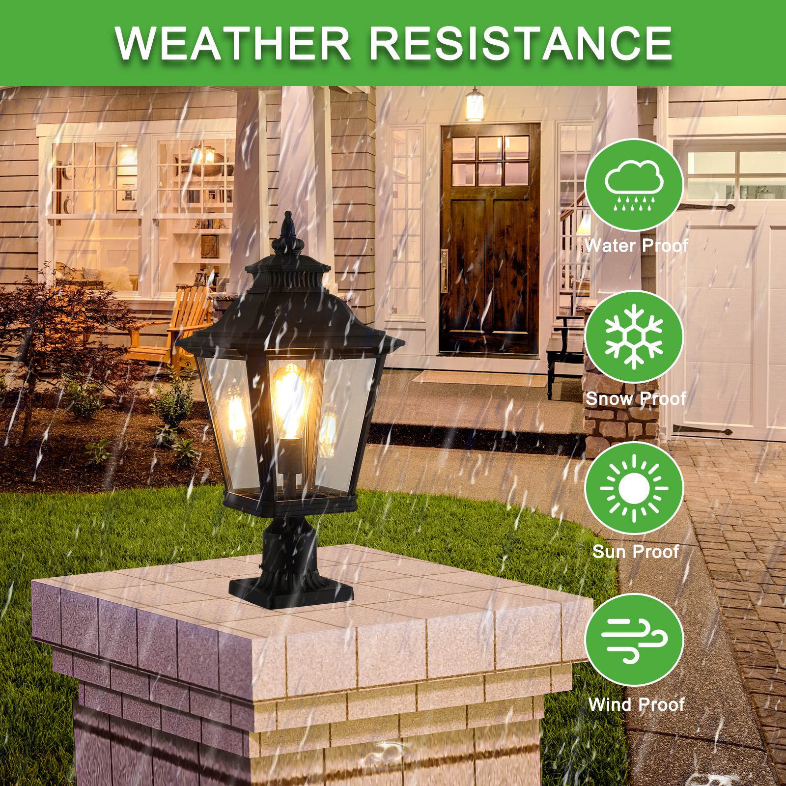 Outdoor Post Lantern Light with Pathway Lighting, Vintage Metal, Clear Glass Pillar Lamp for Garden, Gate, Driveway, 11" L x 11" W x 21" H, Black
