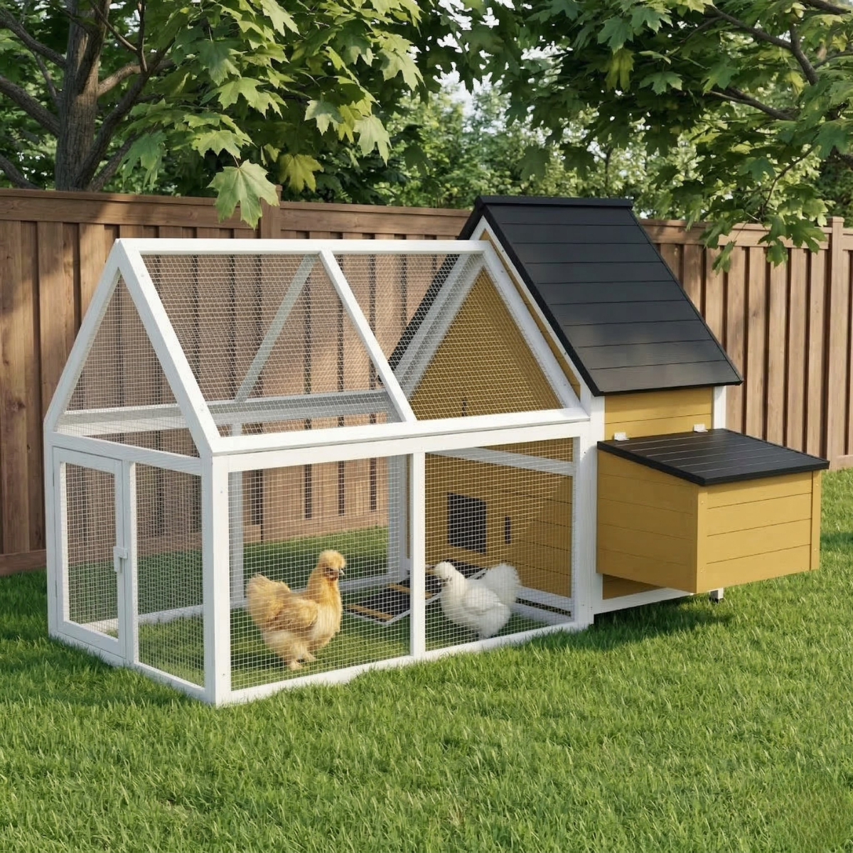 65" Chicken Coop Wooden Chicken House Rabbit Hutch Poultry Cage Hen Pen Backyard with Nesting Box, Ramp, Run, Yellow