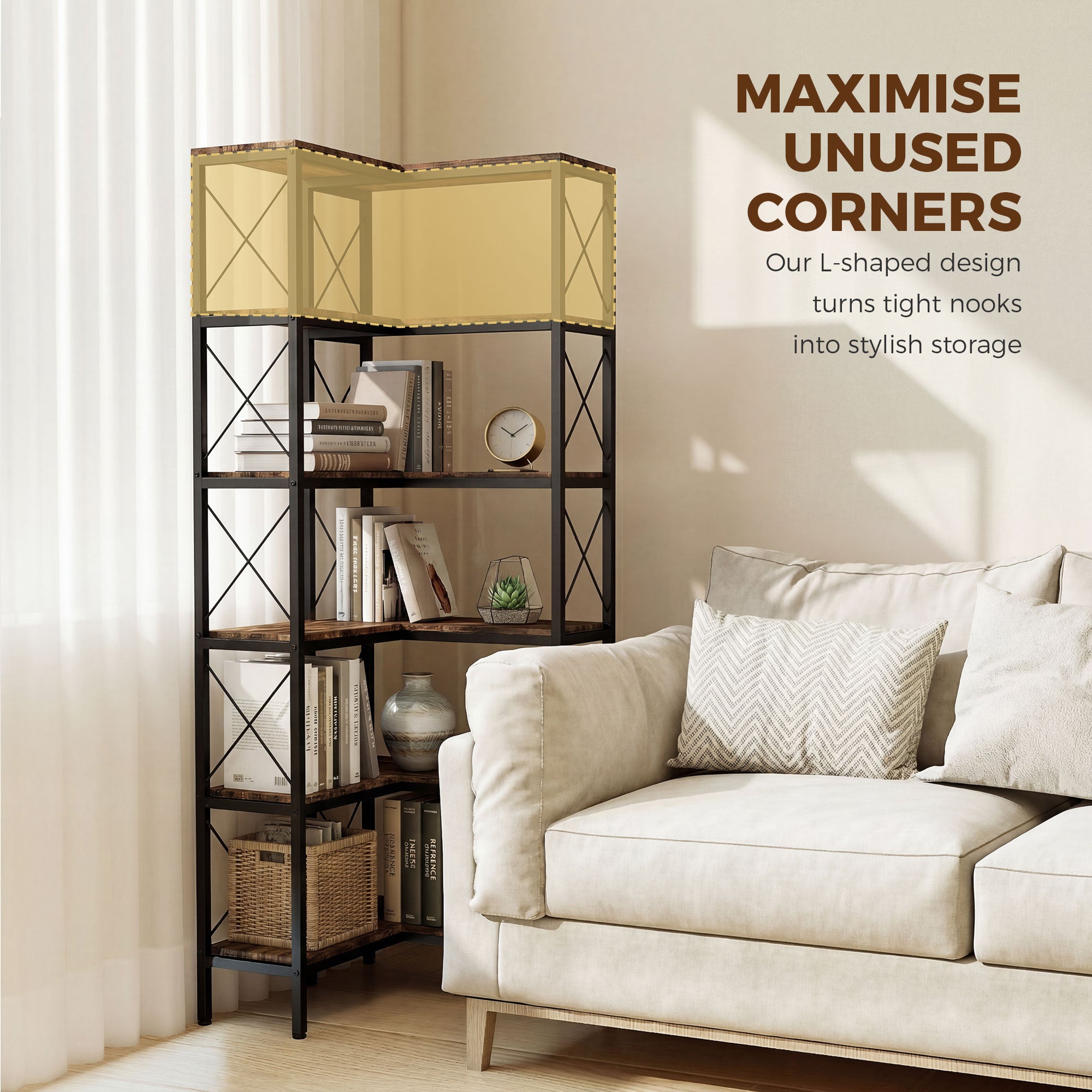5-Tier L-Shaped Bookshelf, Freestanding Bookcase with Metal Frame, Rustic Brown