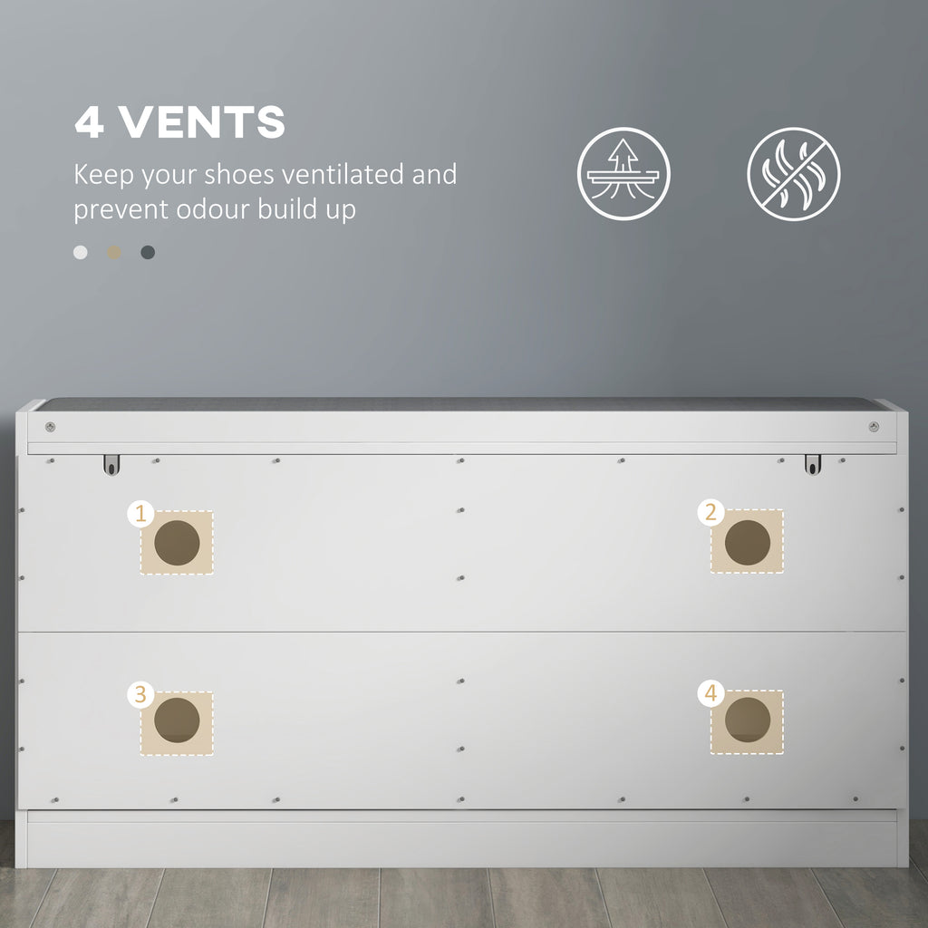 Narrow Storage Bench, Upholstered Entry Way Bench, Shoe Rack Bench with 2 Flip Drawers, 2 Vents for 8 Pairs of Shoes