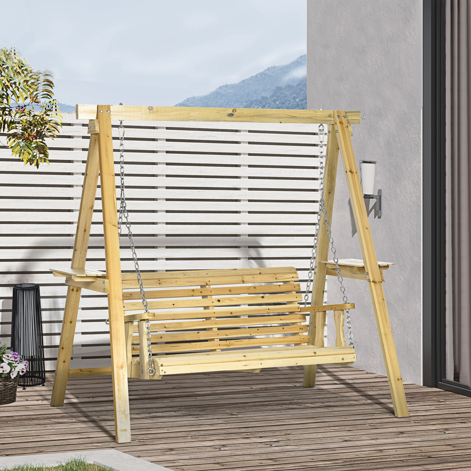 2-Seat orch Swing with Stand, Wooden Patio Swing Chair with Side Tables and Metal Chains, Outdoor Hanging Bench for Garden, Poolside, Backyard, Natural Wood