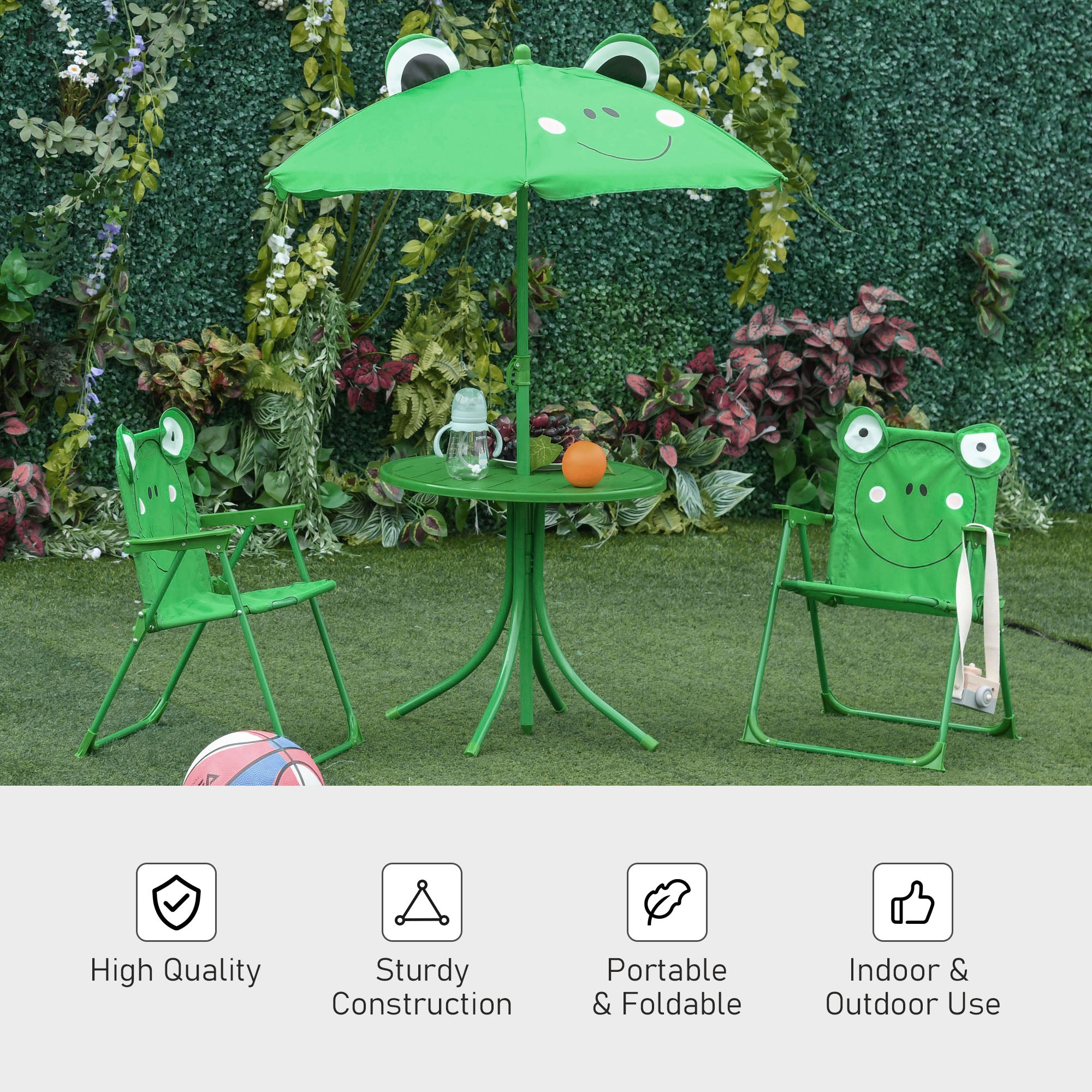 Kids Table and Chair Set, Outdoor Folding Garden Furniture, Picnic Table for Patio Backyard, with Removable & Height Adjustable Sun Umbrella, Green Frog