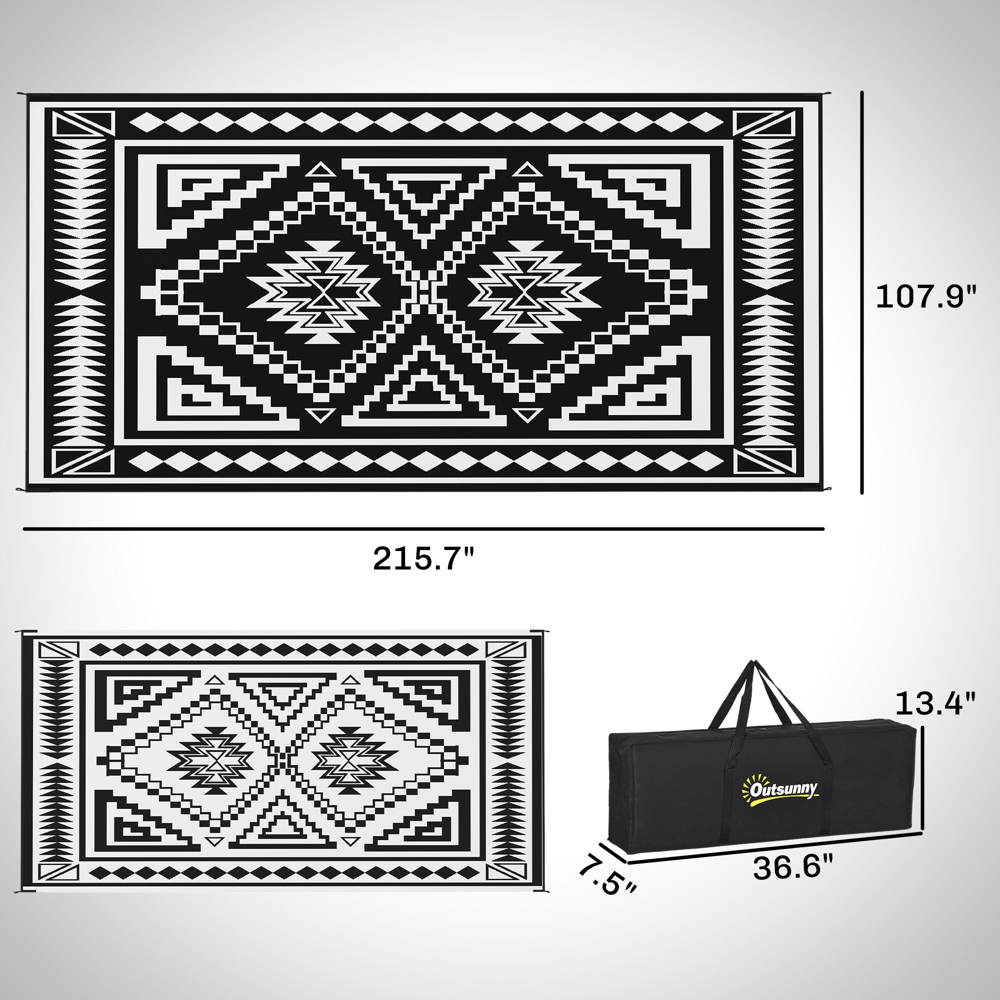 Reversible Outdoor Rug, Waterproof Plastic Straw with Carry Bag, 9' x 18', Black & White Square Patchwork