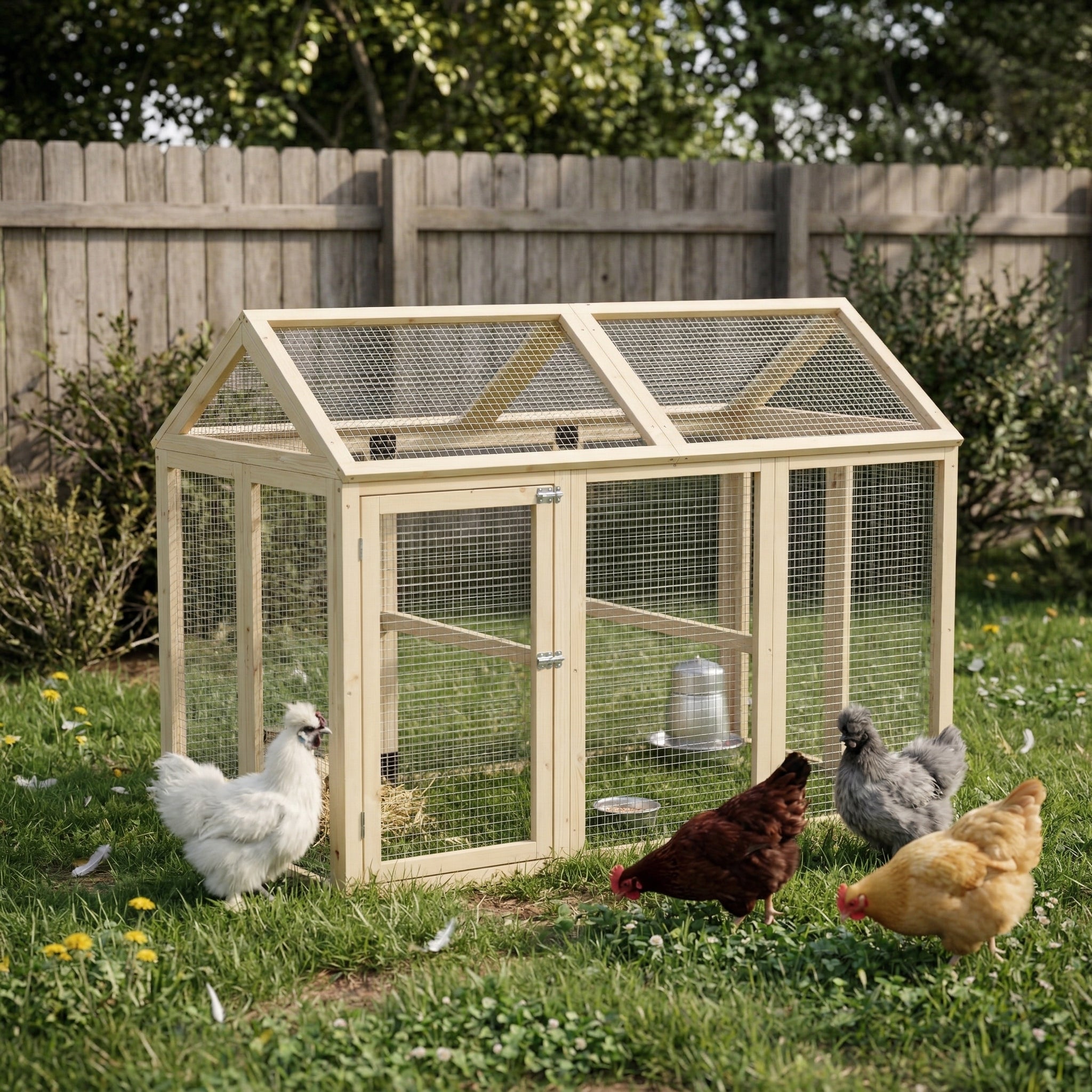 Wooden Chicken Run, Combinable Design with Perches, 4.6' x 2.8', Nature Wood