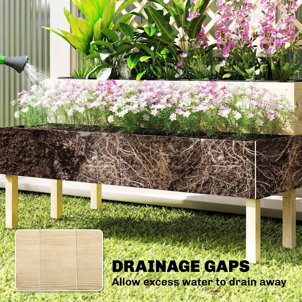 2-Tier Raised Garden Bed with Trellis, Elevated Planter Box for Climbing Plants, Natural