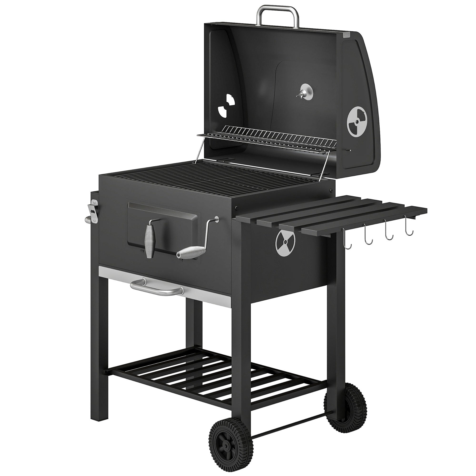 Charcoal BBQ Grill and Smoker Combo Outdoor Portable Trolley Camping Picnic Backyard with Side Shelf, Black