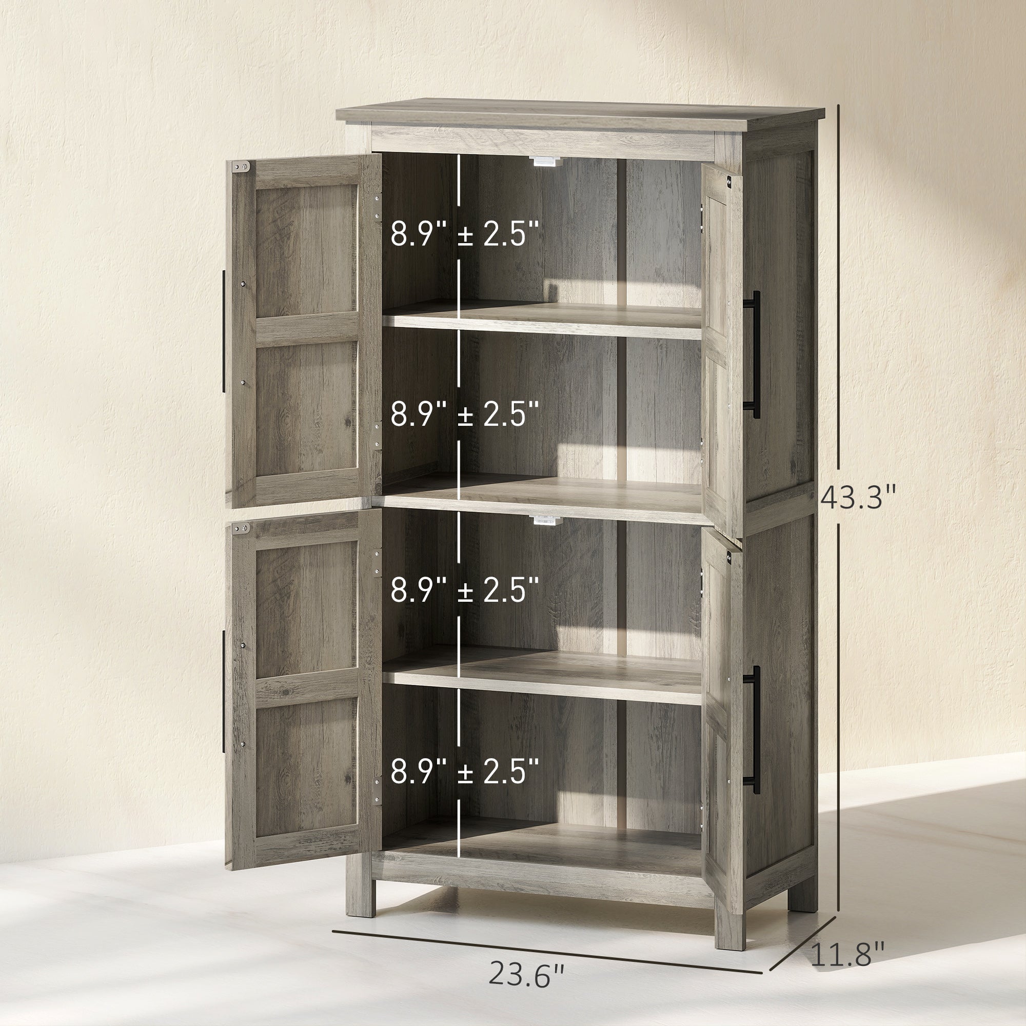 Bathroom Floor Storage Cabinet, Farmhouse Bathroom Cabinet with 4 Doors and Adjustable Shelf, Light Gray