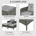 5 Pieces Rattan Wicker Lounge Chair Outdoor Patio Conversation Set with 2 Cushioned Chairs, 2 Ottomans and Tempered Glass Top Coffee Table, Gray/Light Gray
