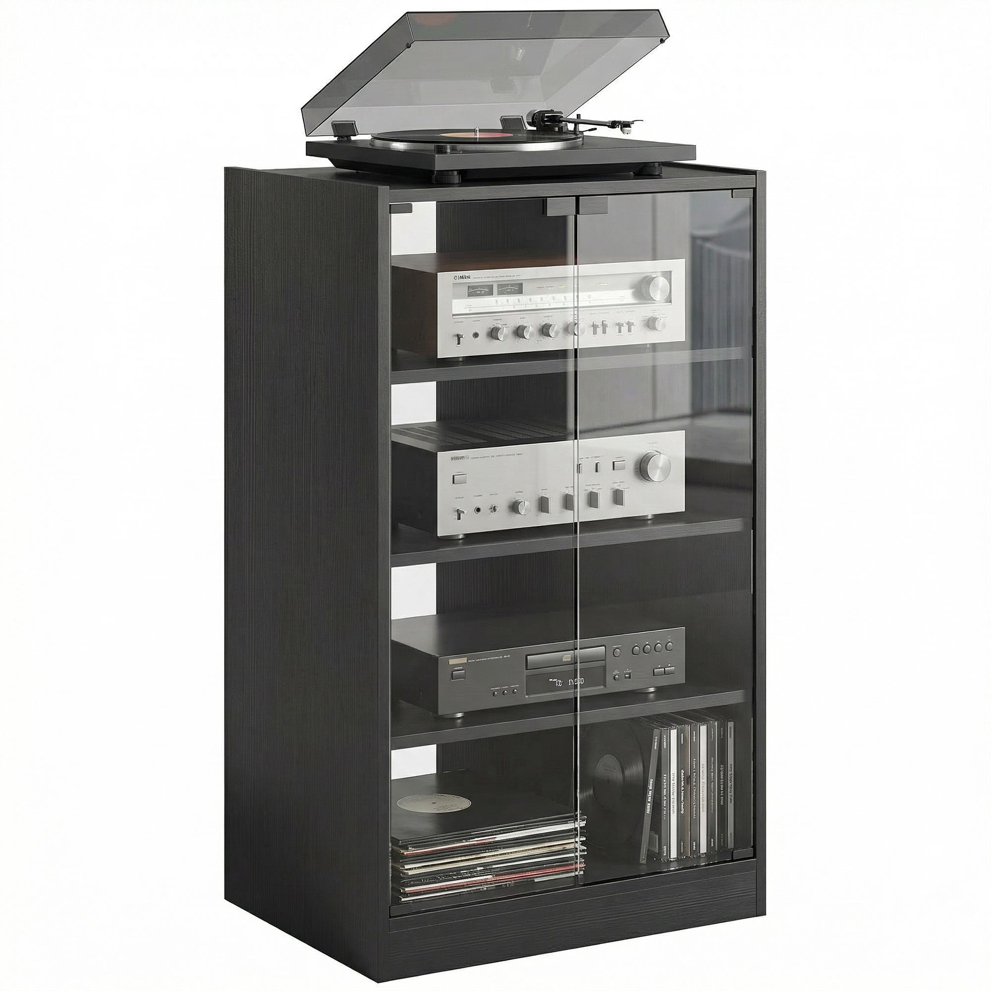 Media Cabinet, 4-Tier Stereo Cabinet for Vinyl Record Player, Gaming Console, AV Record Player Stand with Adjustable Shelves, Push-to-Open Glass Doors and Cable Management, Distressed Black