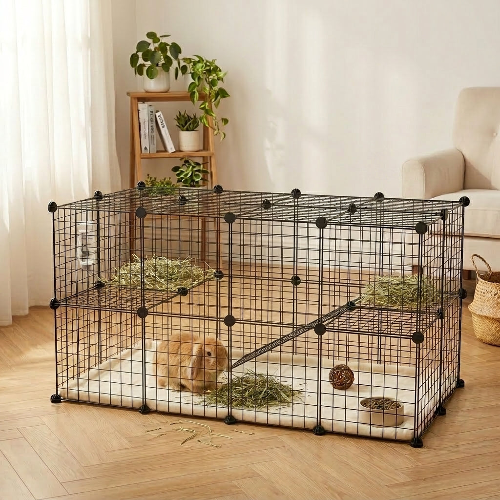 36 Panels Small Animal Playpen with Door, DIY C & C Cage for Guinea Pigs with Ramp, Portable Metal Wire Yard for Rabbit, Hedgehogs, 14 x 14 in