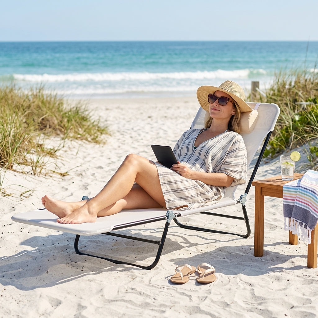 Folding Chaise Lounge Chair, Pool Sun Tanning Chair, Outdoor Lounge Chair with Reclining Back, Breathable Mesh Seat, Headrest for Beach, Yard, Patio, Cream White