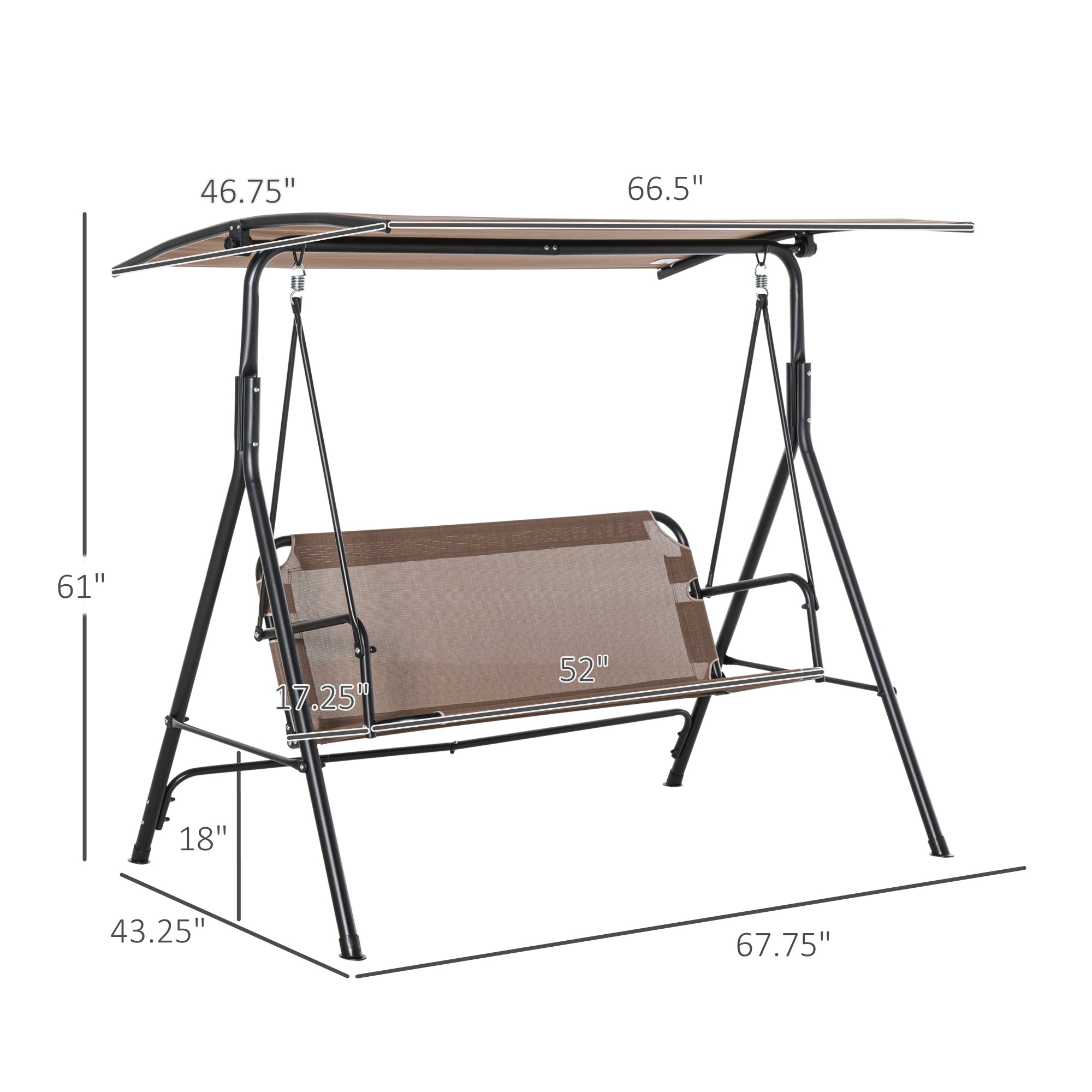 2-Seater Patio Swing Chair, Outdoor Adjustable Canopy Porch Swing with Armrests, Texeline Fabric and Steel Frame, Brown
