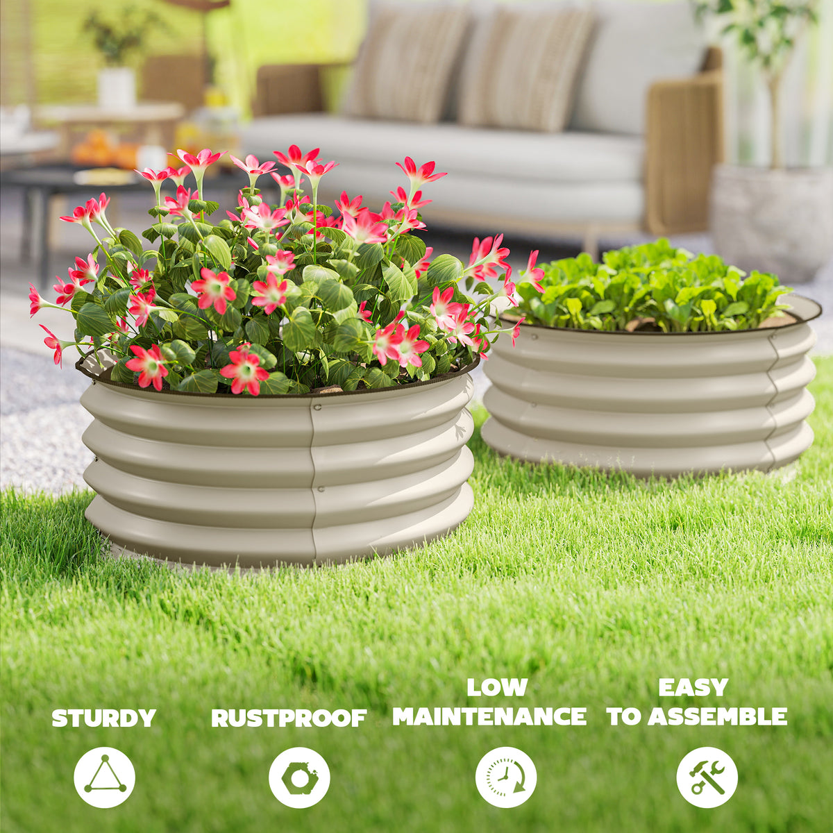 Set of 2 Raised Garden Bed, Metal Planter Box with Safety Edging, Easy-to-assemble Stock Tank, Cream