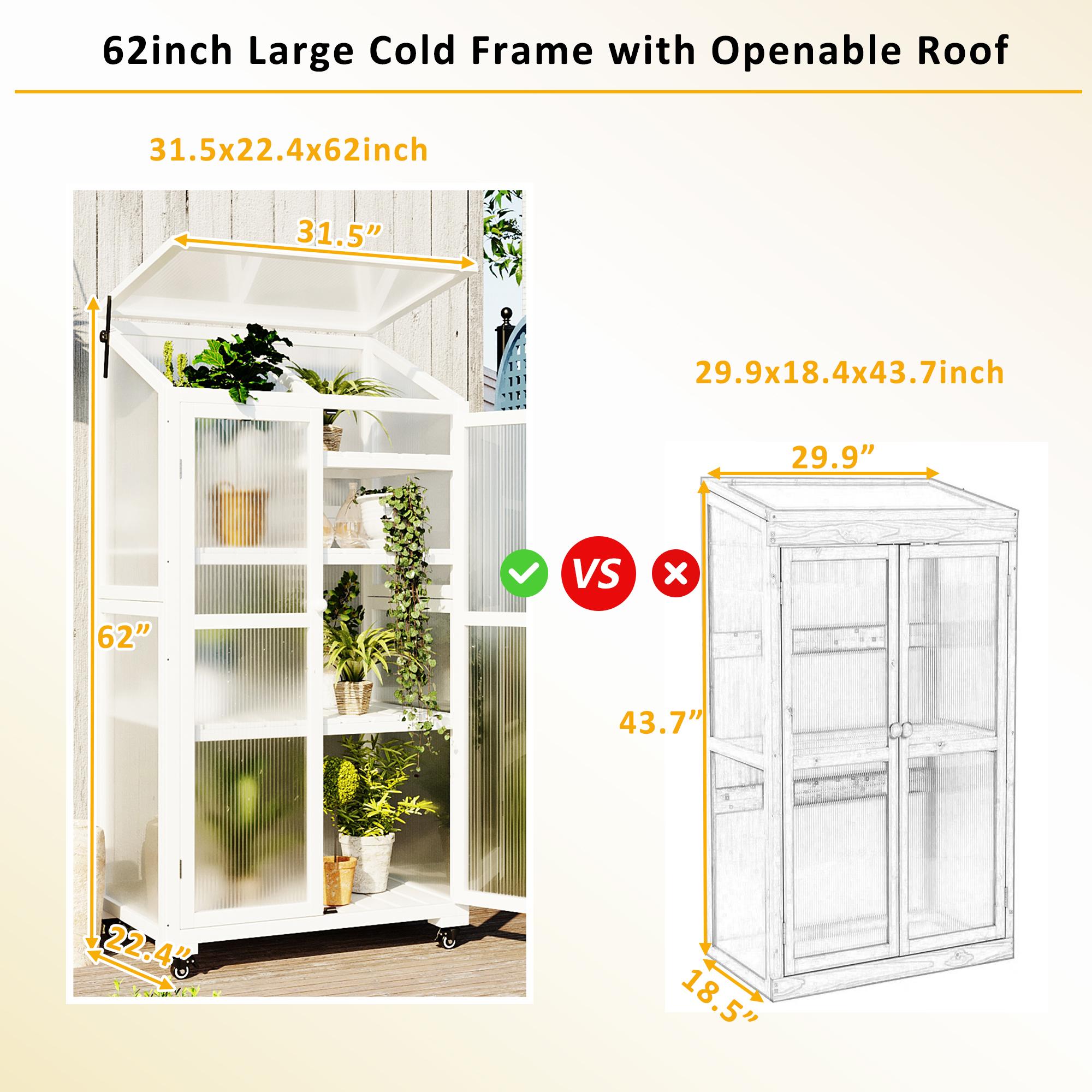 Portable Wood Greenhouse with Openable Roof & 3-Tier Shelf, Vertical Cold Frame for Indoor Outdoor Use, 31.5'' L x 22.5'' W x 62'' H, White