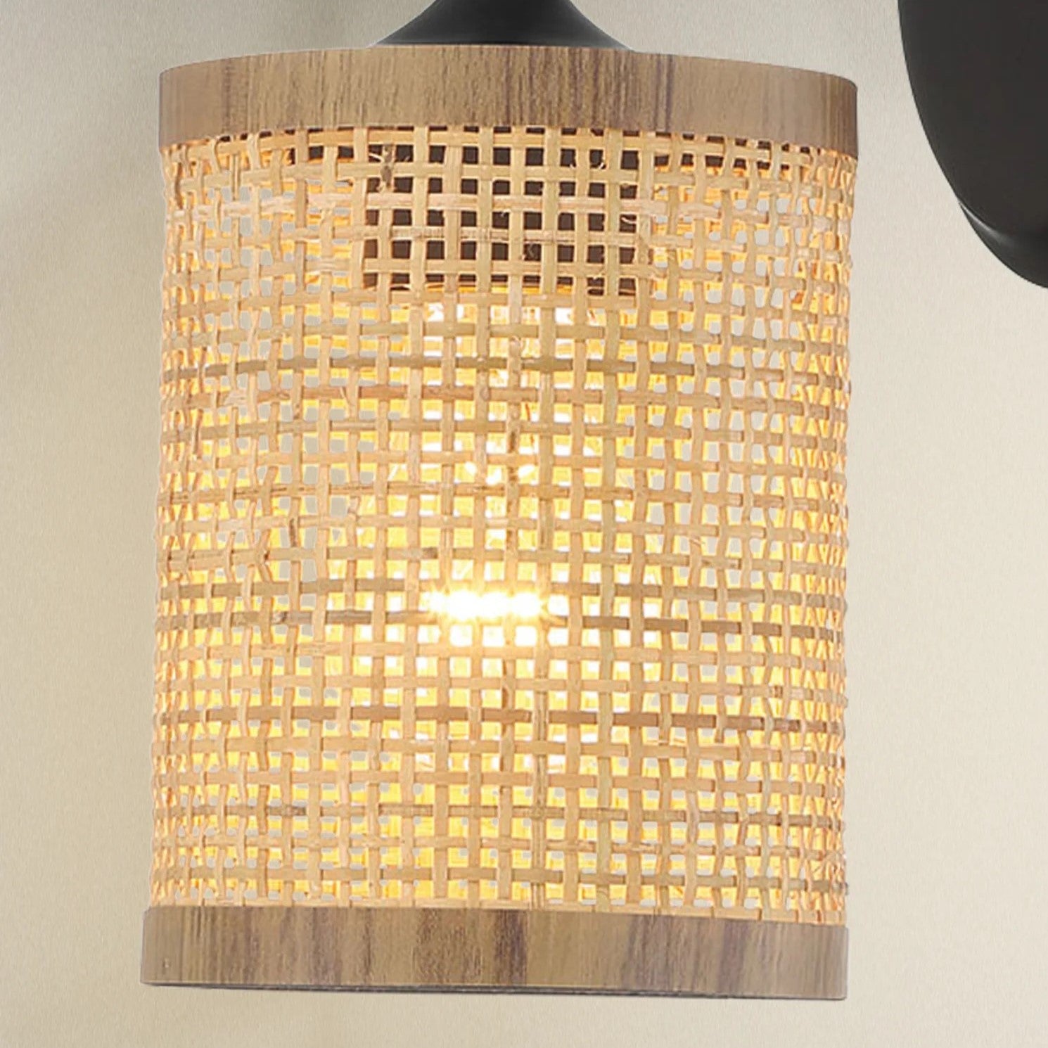 Reef Single Light Wall Sconce with Natural Rattan Shade, Rustic Wicker Wall Light, 5" L x 7" W x 9.5" H, Black+Rattan