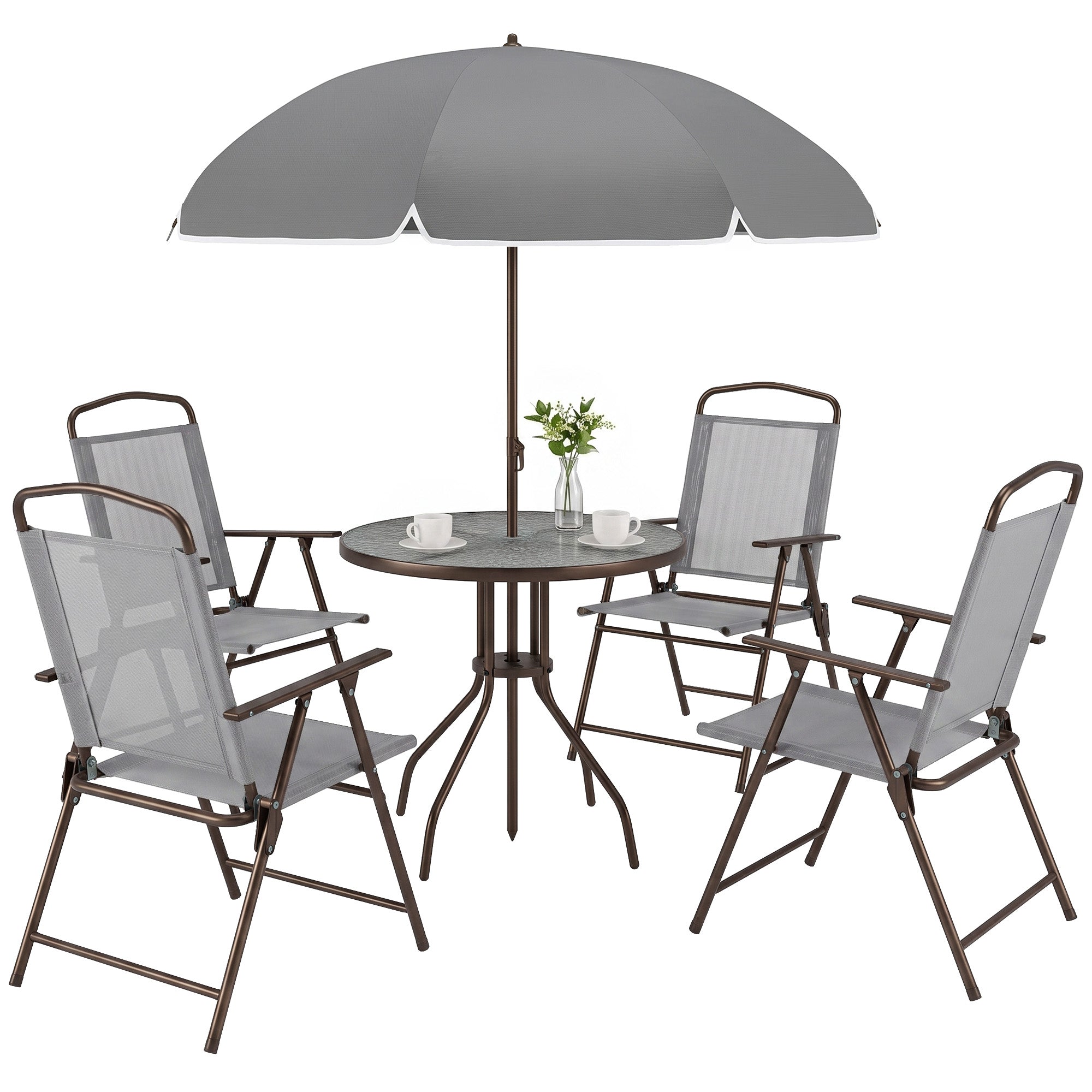 6 Piece Patio Dining Set for 4 with Umbrella, with 4 Folding Dining Chairs & Round Glass Table for Garden, Gray