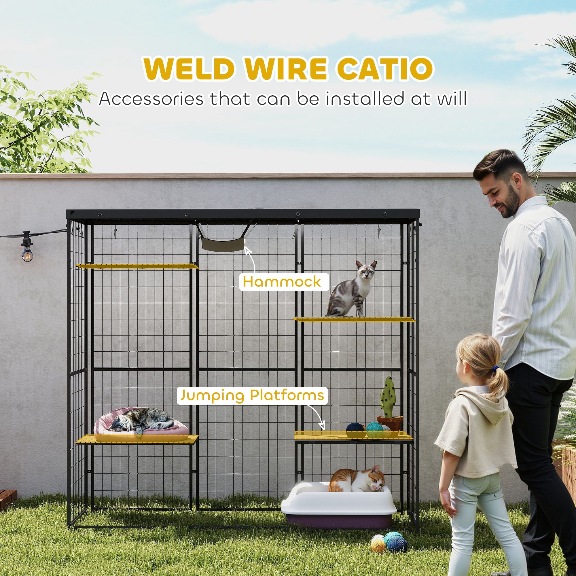 Weld Wire Catio Outdoor Indoor with Waterproof Cover, 4 Jumping Platforms, Hammock, for 1-3 Kittens, 69" x 22" x 62"