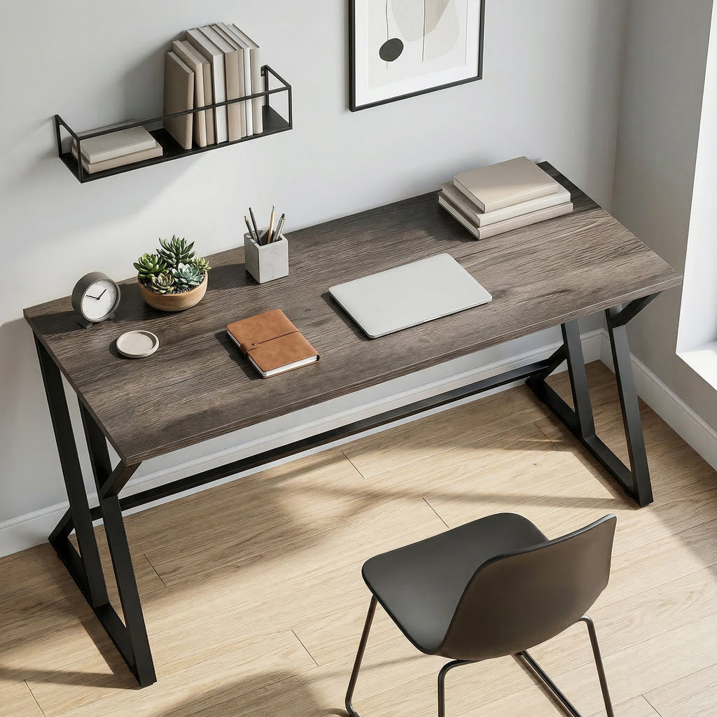 55 Inch Computer Desk, Industrial Writing Desk with Z-Shaped Metal Leg, Study Table for Home Office, Distressed Gray